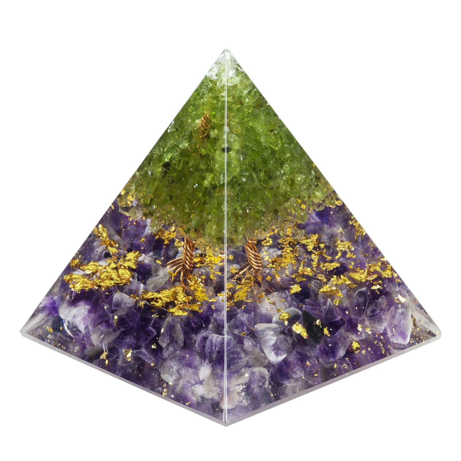 Yatming Healing Crystal Orgone Pyramid with Peridot Money Tree, Amethyst Tumbled Stones Pyramid Energy Generator for Reiki Chakra Balancing Decoration