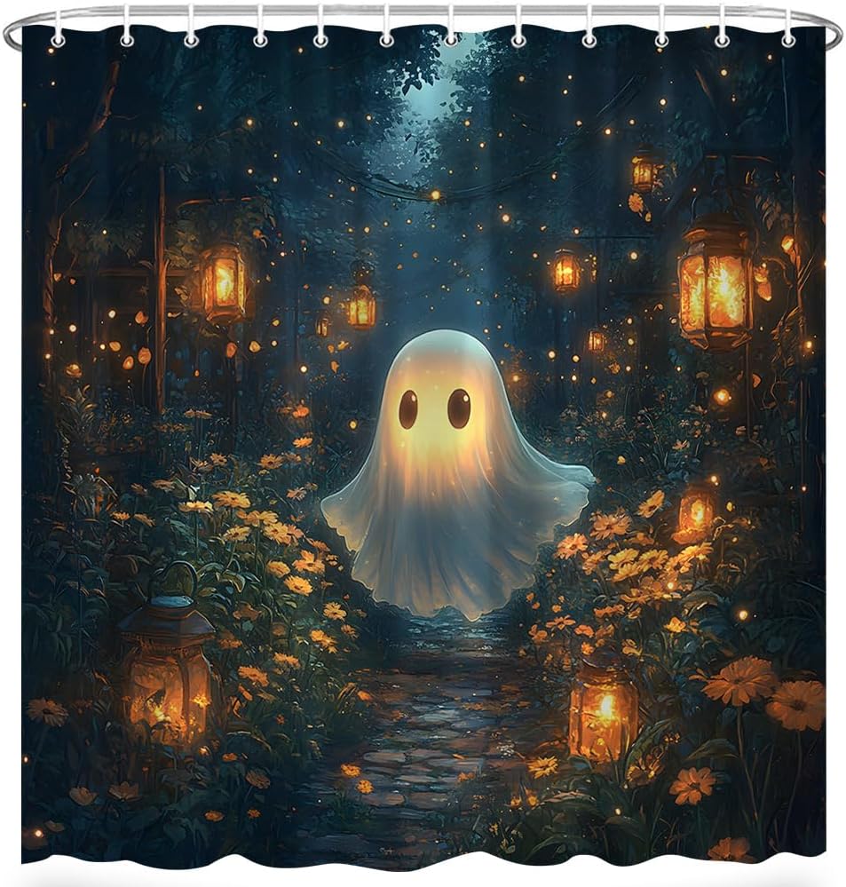 Spooky Ghost Shower Curtain Fantasy Foggy Forest Funny Ghost Drift Cabin Path Wildflower Gothic Halloween Magic Wonderland Bath Decor Polyester Fabric Curtains 106X70 Inch