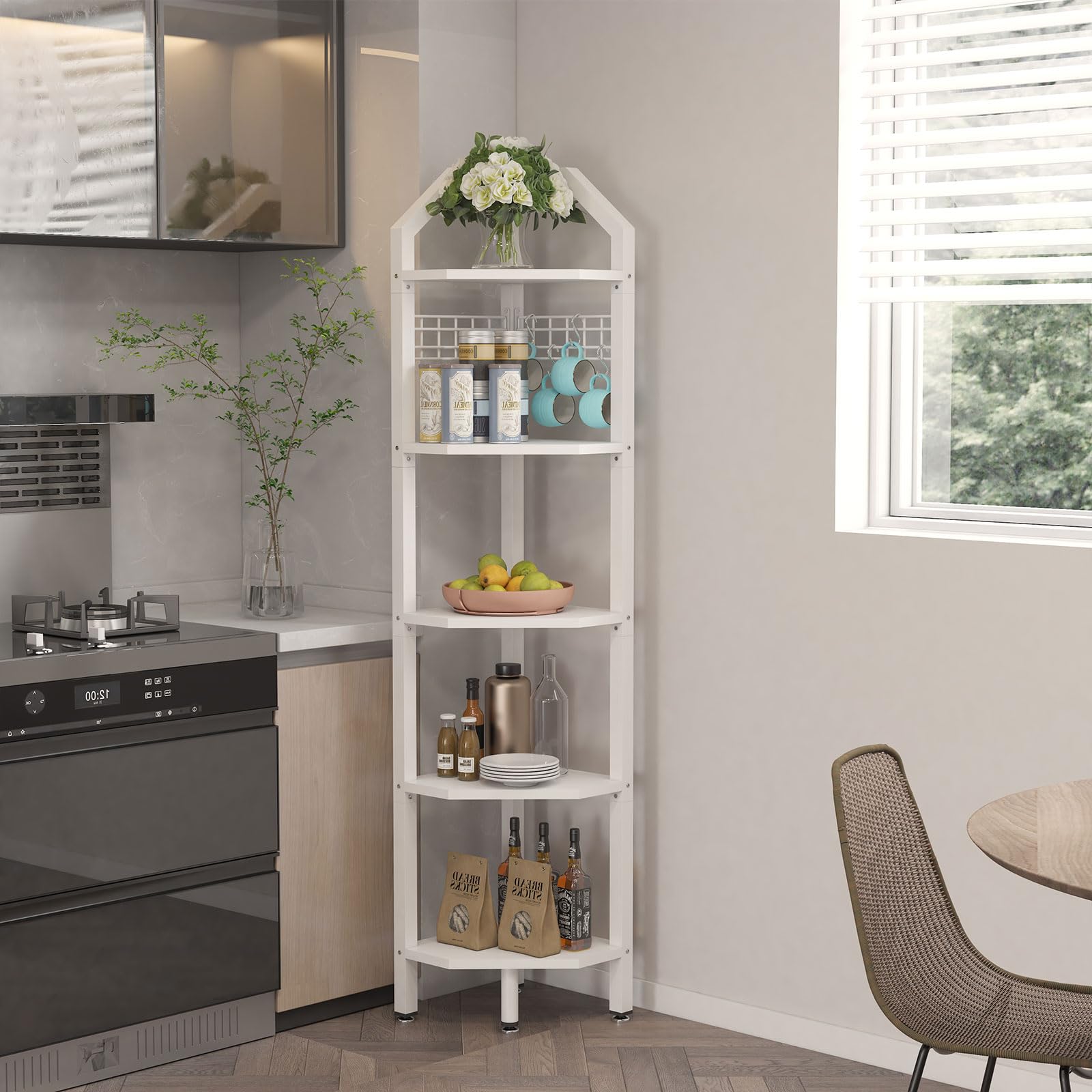 YMYNY Scaffale angolare a 5 ripiani, altezza 176 cm, scaffale multiuso per piante, per soggiorno, bagno, cucina, camera da letto, ufficio, stile industriale bianco HBR006W