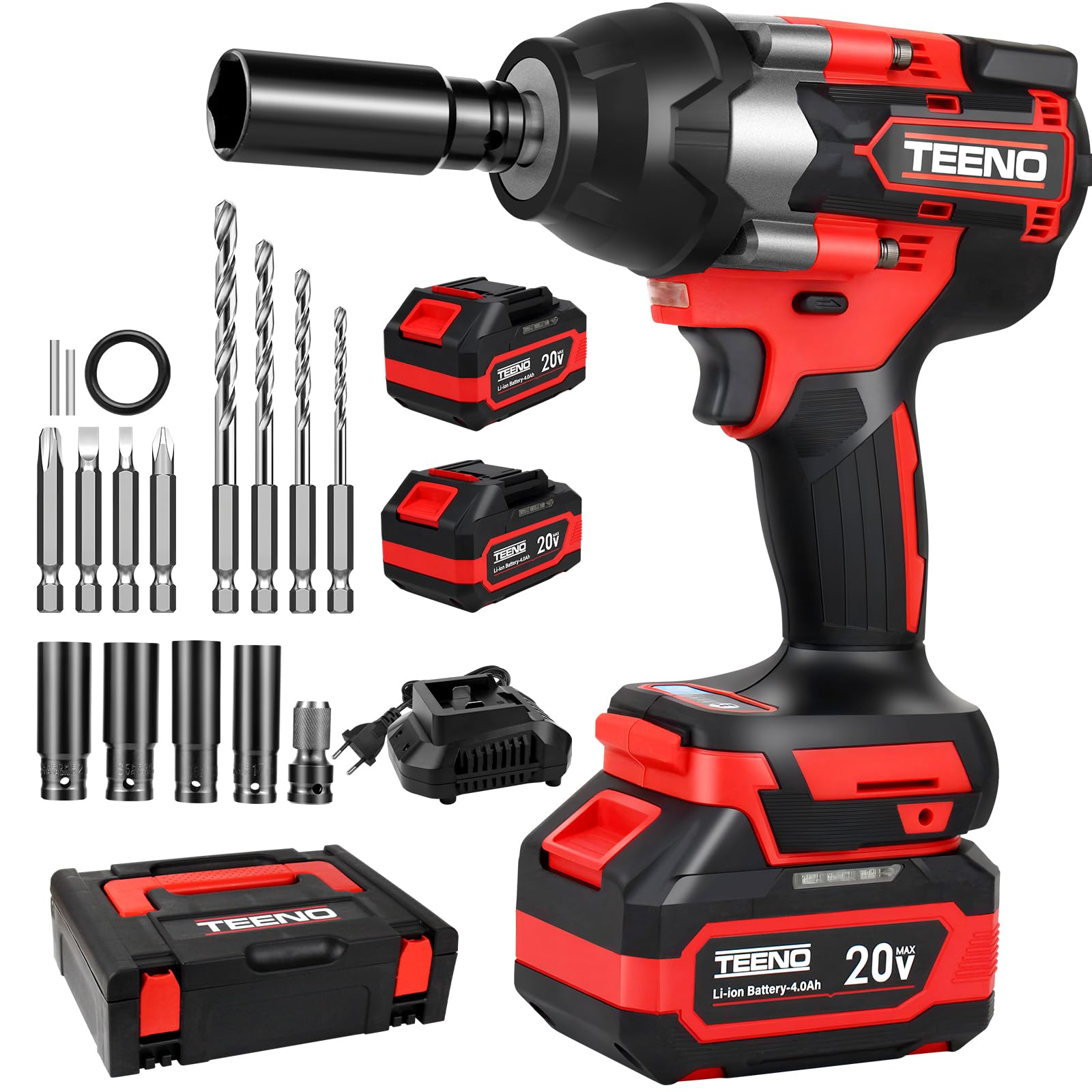 TEENO 20V Llave de Impacto Brushless 1/2" Resistente - 700N.m, 2×4.0Ah Baterías + 4 Boquillas, para Auto/Camión & Bricolaje