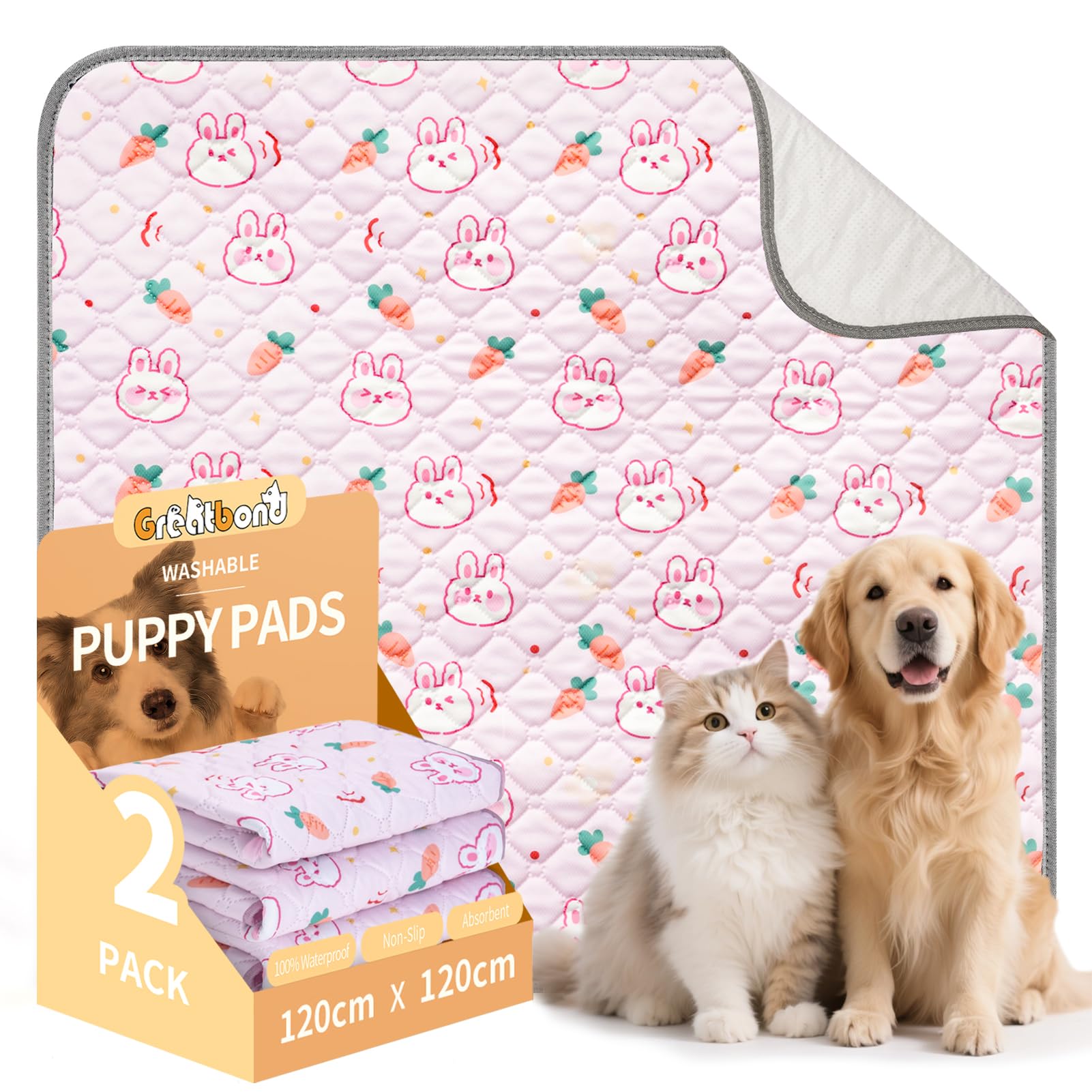 Greatbond Washable Puppy Pads,2 Pack 120x120cm Extra Large Puppy Pads, Super Absorbent Anti-Slip Reusable Dog Pee Pads,Washable Dog Bed Mats for Training,Whelping,Incontinence,and Crate Playpen,Pink
