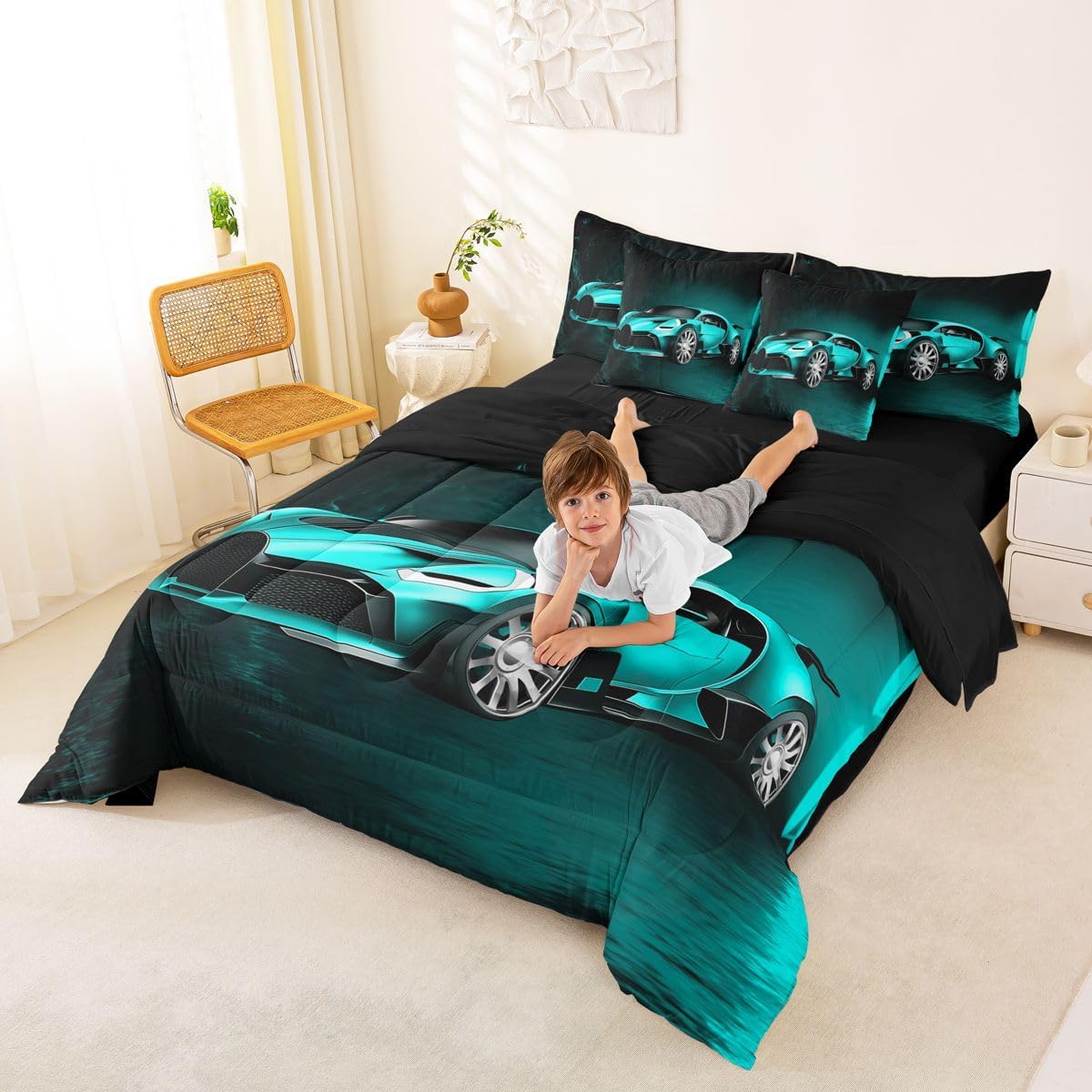 Feelyou Sports Car 7 Piece Bedding Set Teal Blue Race Car Comforter Set with Sheets for Kids Boys Girls Extreme Sports Theme Bed in a Bag Cool Speed Car Decor Bed Set with 1 Pillowcase Twin Size
