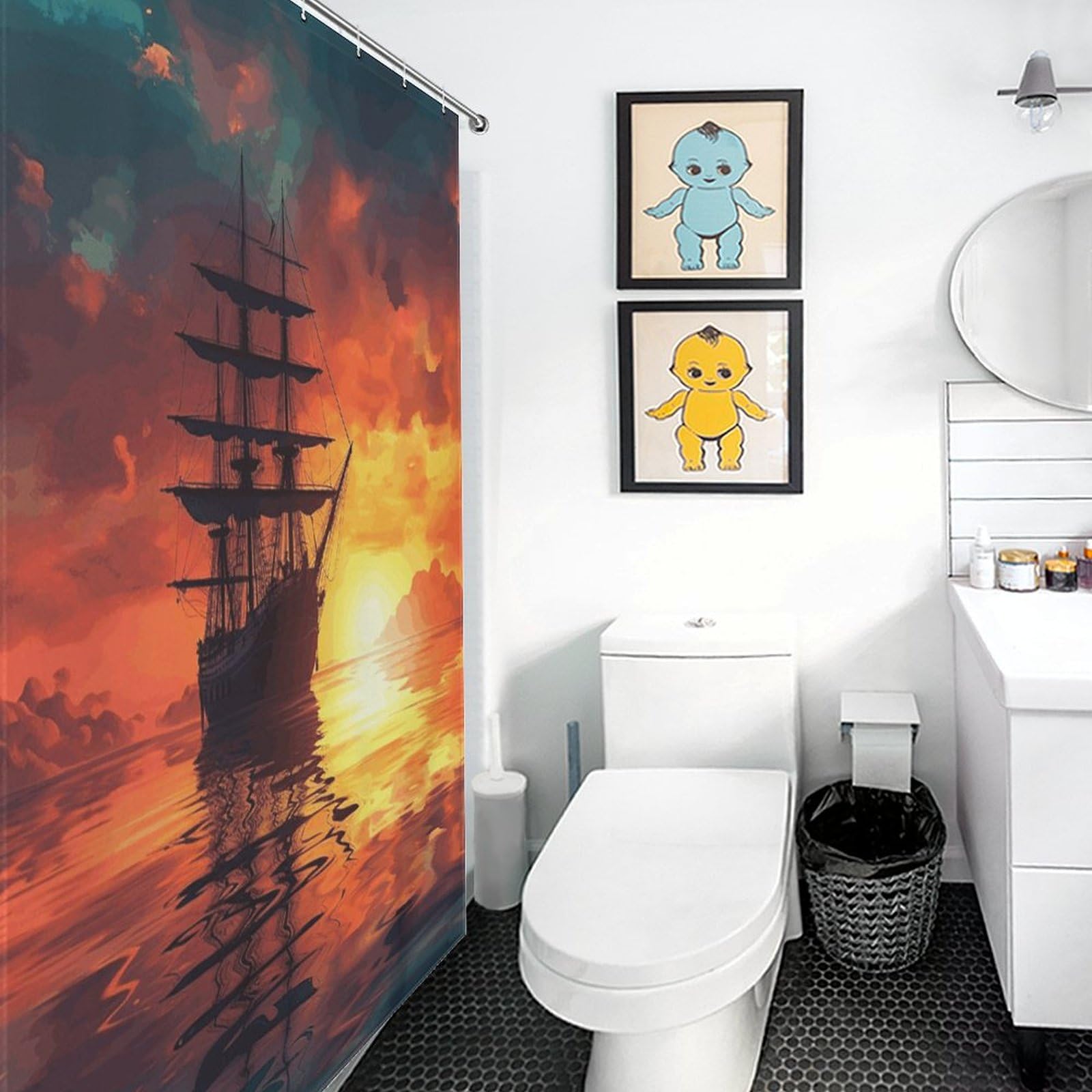 Rideau de douche imperméable motif bateau voile pour décoration de salle de bain et baignoire