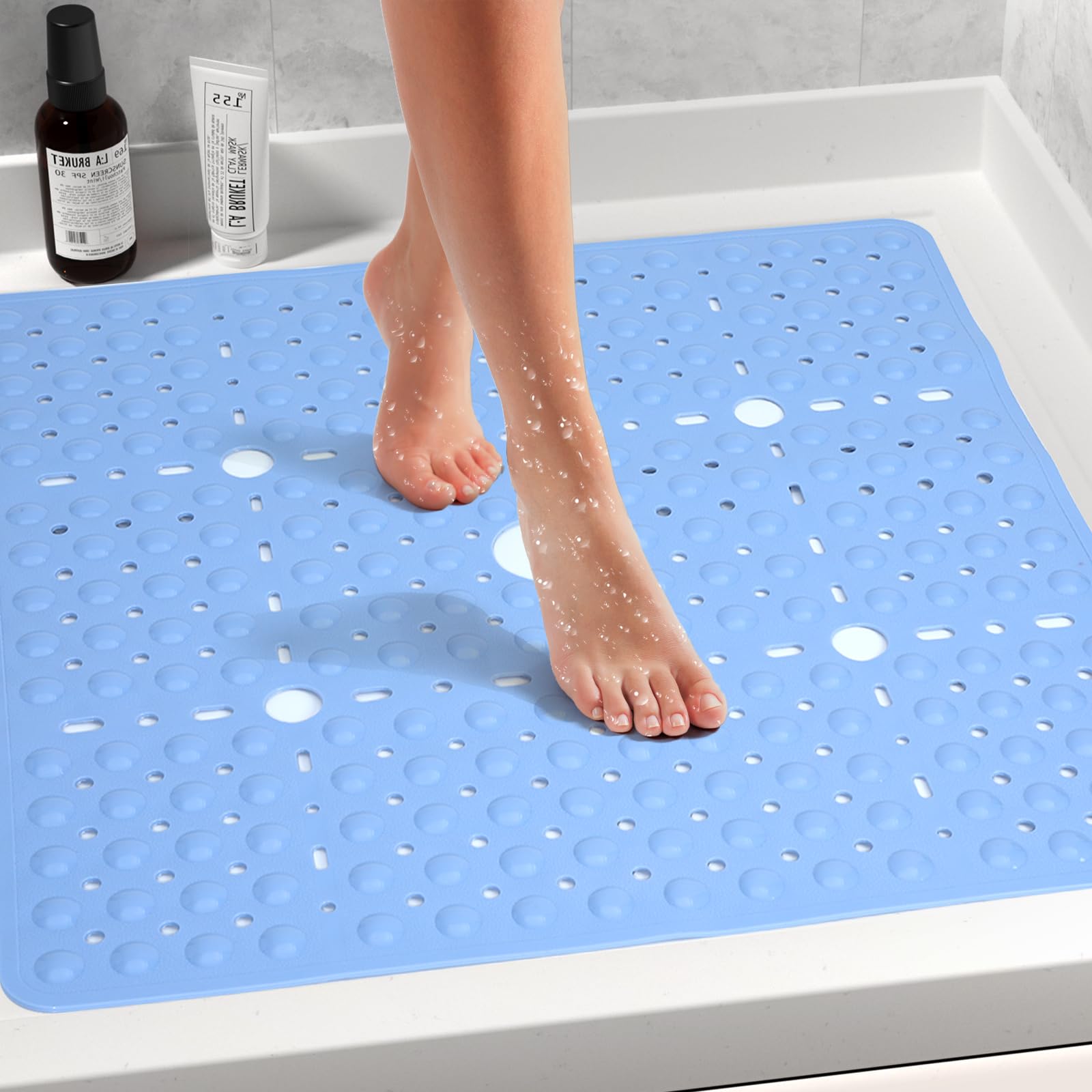 Naoloture Large Light Blue Square Shower Mat Non Slip 27 x 27 Inch, Soft Bath Mat Tub Mat for Inside Shower Floor, Anti Slip Shower Stall Mats With Big Suction Cups Drain Hole, Easy Washable, BPA-Free