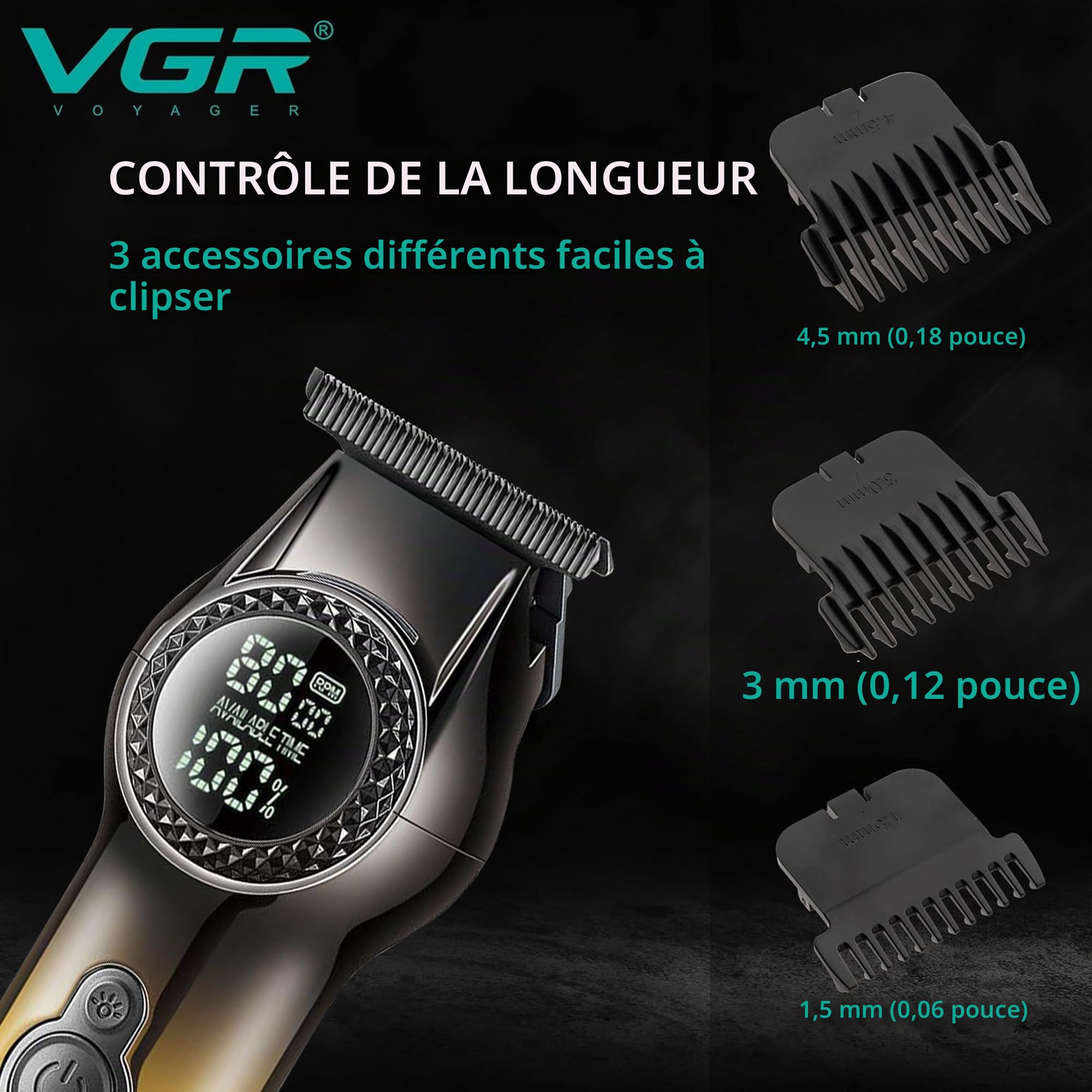 VGR Tondeuse à barbe électrique rechargeable USB-C pour homme - Professionnel 8000 tr/min - Lumière LED - 2 vitesses - Lames en céramique - Batterie de 200 min - Tondeuse à cheveux sans fil - Kit de