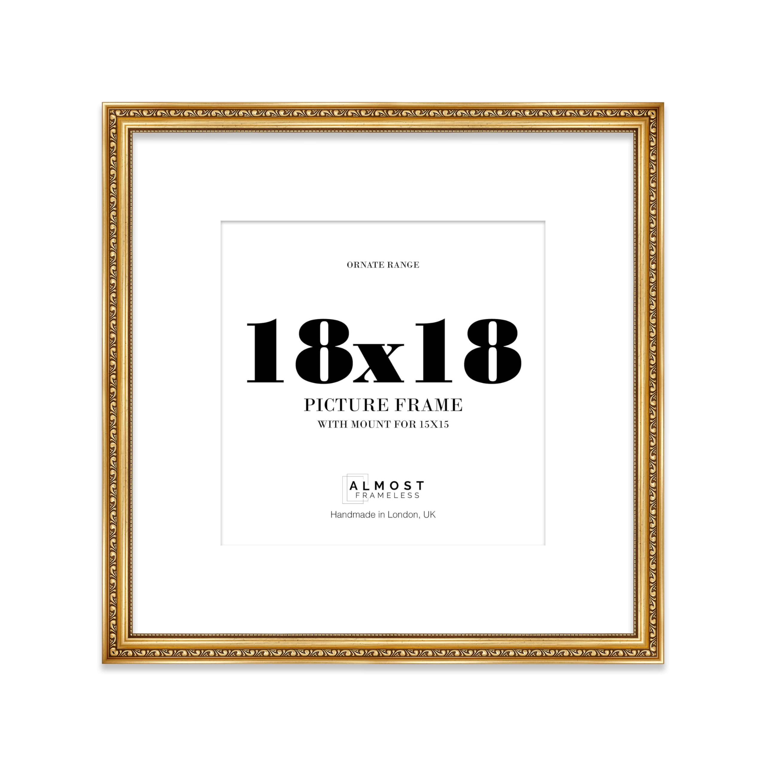 18x18 Gold Ornate Photo Frame With White Mat For 15x15 Picture, Ready to Hang, 1 Pack