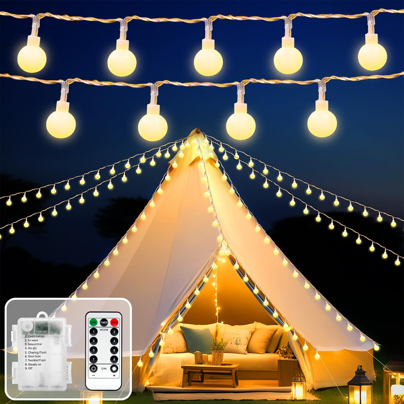 ZOUTOG 33FT 100 LED Battery Globe String Lights Operated with Remote 8 Modes,Waterproof Fairy Lights Warm White Outdoor or Indoor Connectable Hanging for Party Wedding Christmas Camping Bedroom