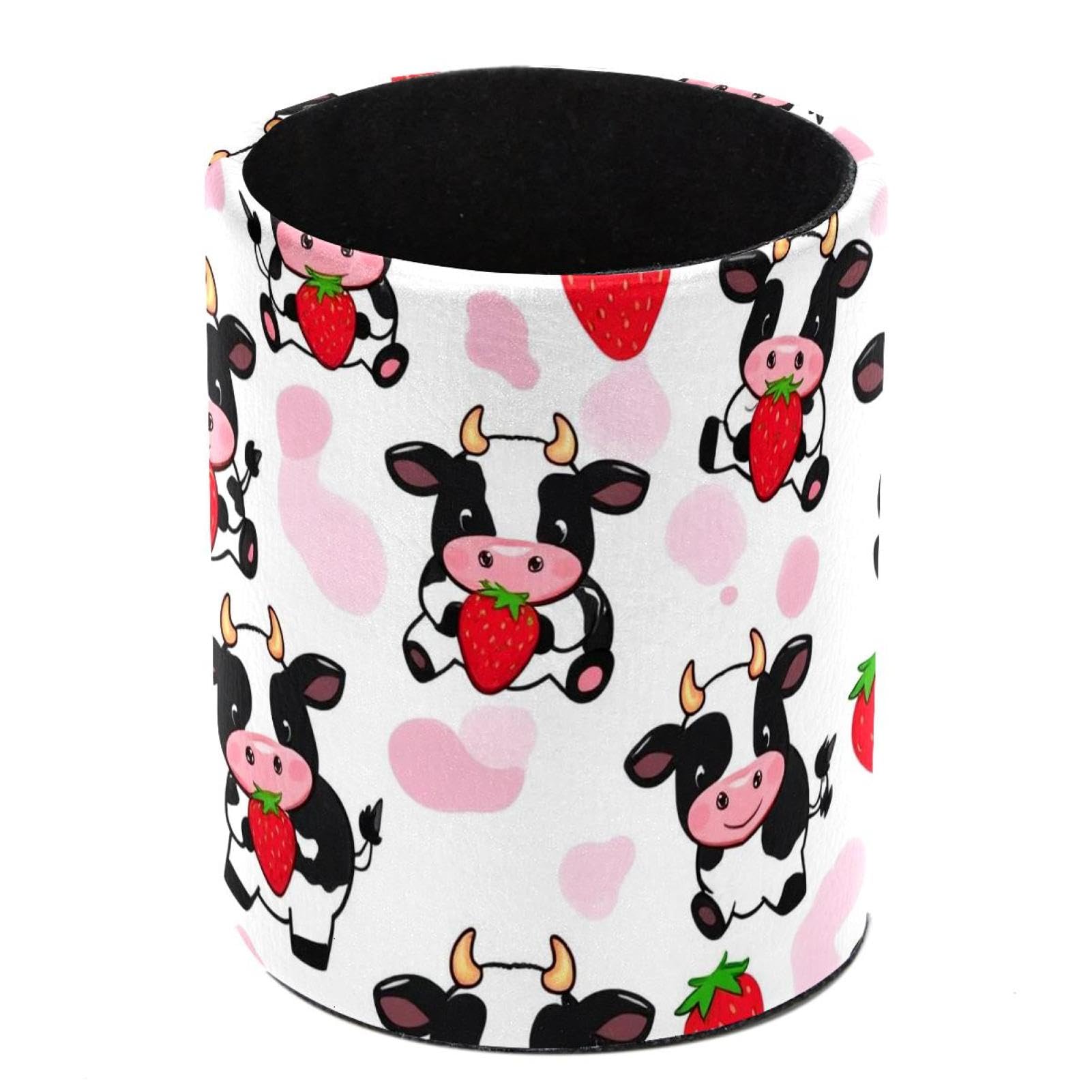 HEOEH Strawberry Cows Pen Holder for Desk, PU Leather Pencil Holder Pen Cup Marker Holder Makeup Brush Holders, Desk Accessories & Workspace Organizers for Home, Office