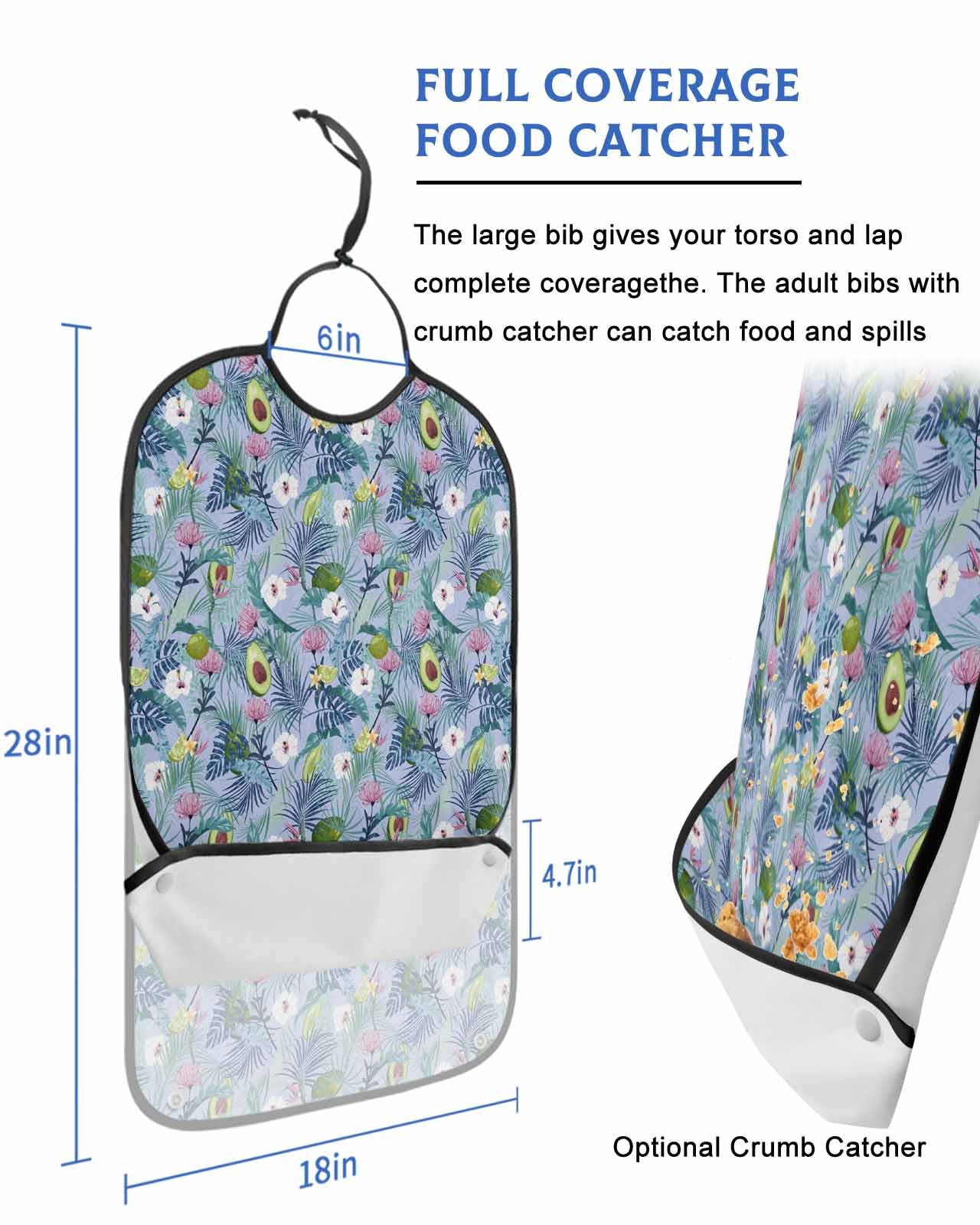 LEOKOTI Summer Botanical Adult Bibs for Eating, Waterproof Bibs with Food Catcher & Adjustable Snap Closure, Tropical Floral Fruits Washable Clothing Protectors Adult Bibs for Elderly Women/Men