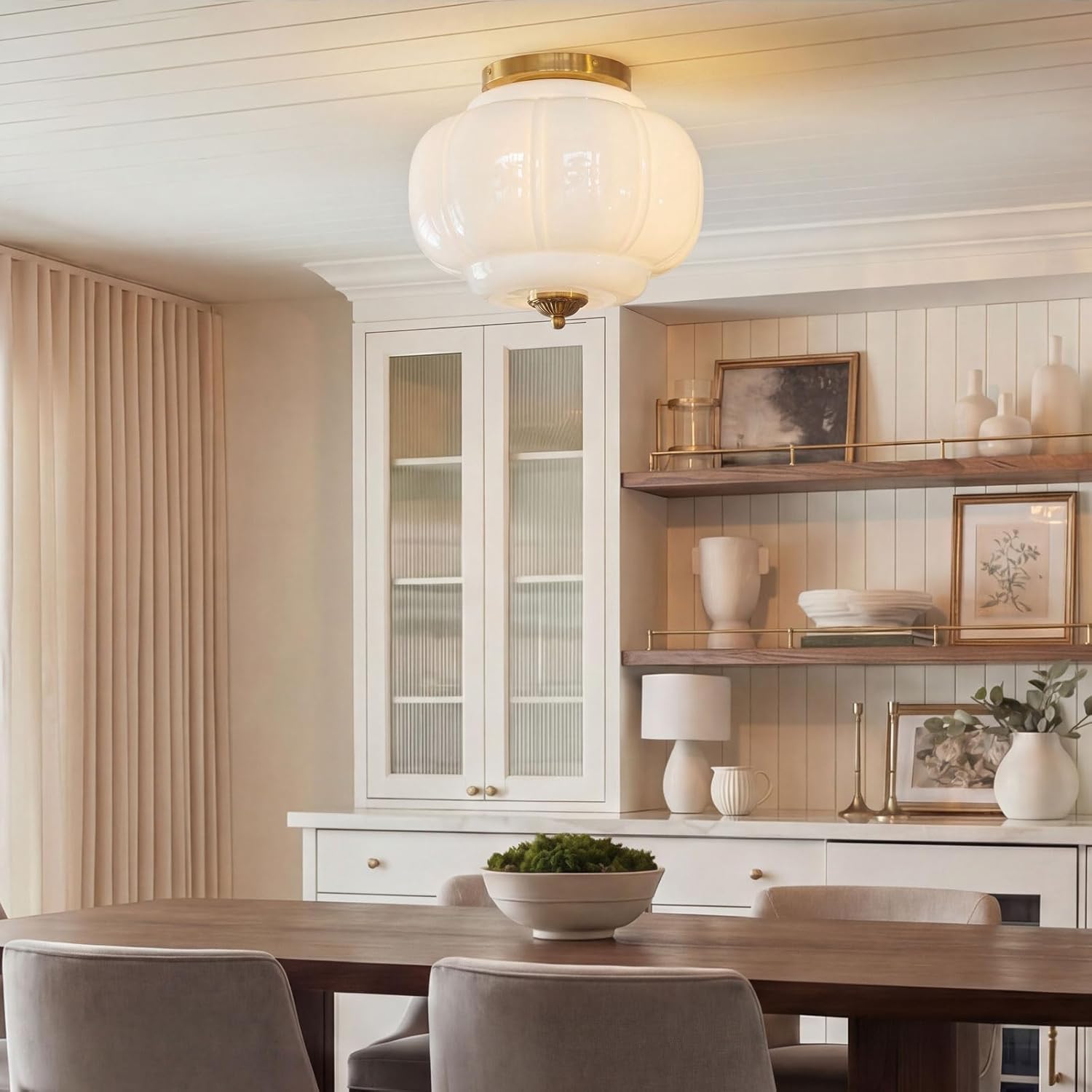 milk glass ceiling light fixture - farmhouse antique brass semi flush mount ceiling light for kitchen, hallway, and bedroom (white 15 inch) milk white b 15 inch