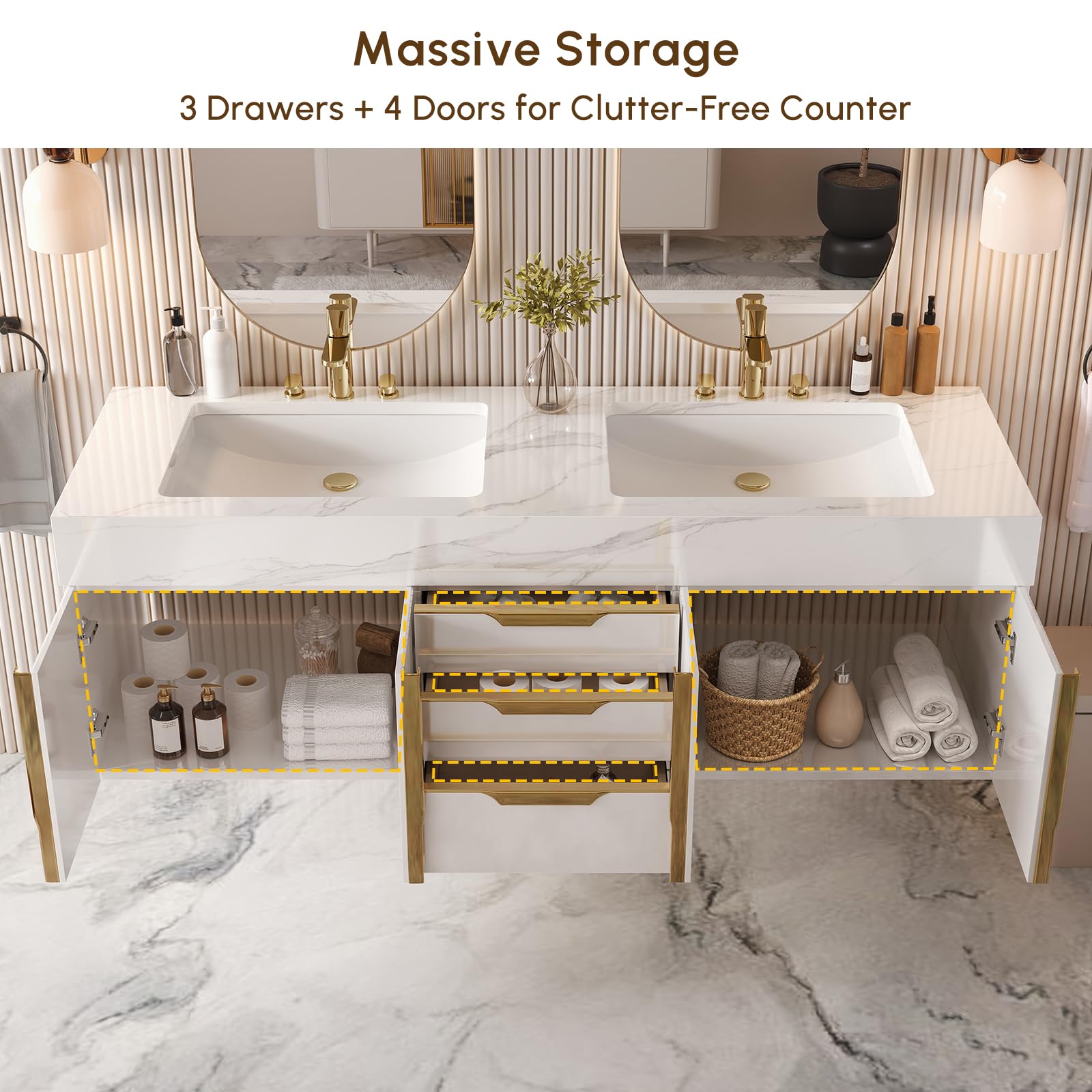 Homary Mueble de baño Flotante 59" con Lavabo, Mueble de baño con Lavabo Doble montado en la Pared con encimera de Piedra sinterizada y Amplio Espacio de Almacenamiento, Blanco.