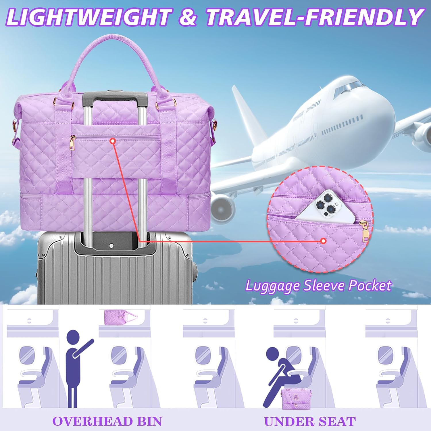Gift for Teen Girl Initial Travel Duffle Bag Quilted Weekender Bags Carry-On Overnight with Cosmetic Bag, Gym Bag with Shoe Compartment Hospital Bag for Women Labor Delivery, Purple-K