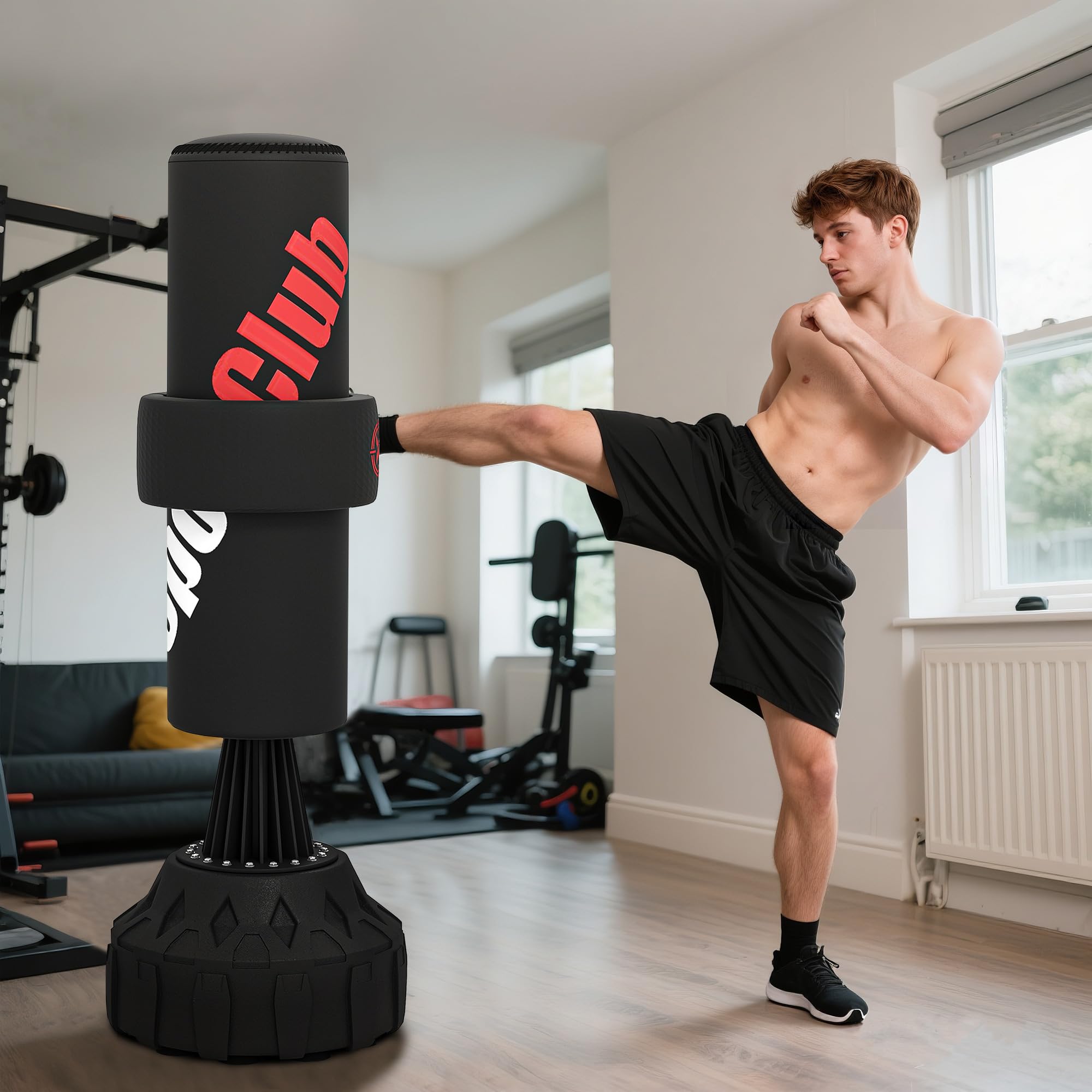 SPORTNOW Saco de Boxeo de Pie 175 cm, Saco de Boxeo para Adultos, Altura Ajustable de Banda 65–175 cm, Base Rellenable con Ventosas, Amortiguador, Incluye Venda, Entrenamiento MMA, Muay, Negro