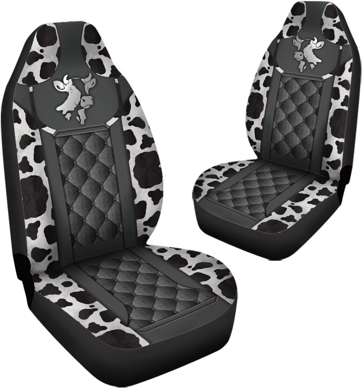 Sliver Cow Print Car Front Seat Cover Set of 2, Universal Fit, Made of Soft Polyester, Easy to Install