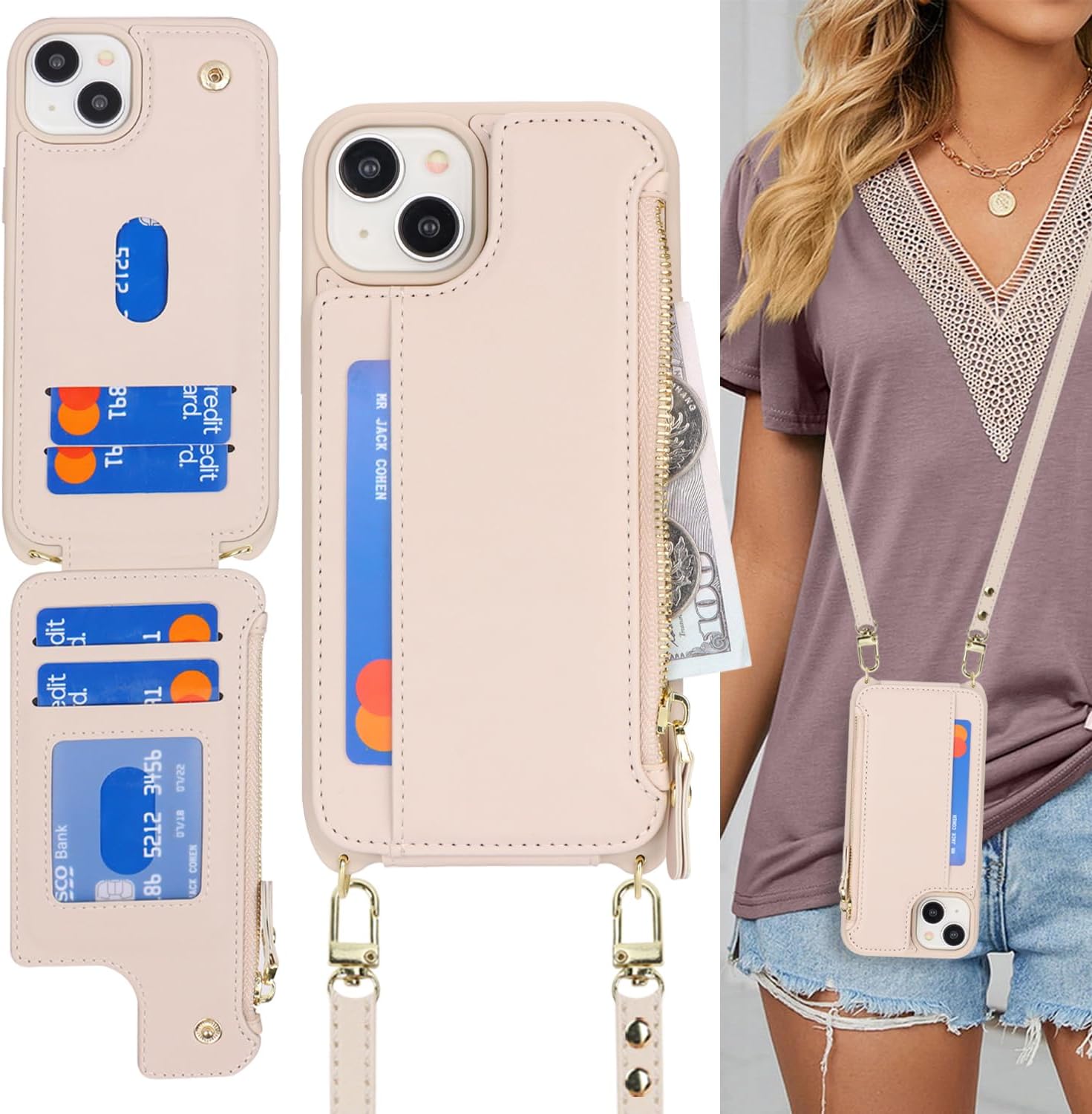 Cavor for iPhone 14 Plus Wallet Case with Card Holder for Women,for iPhone 14 Plus Case with Strap,Crossbody Lanyard and Wristlet Zipper Pocket Phone Cover-Cream - Image 7