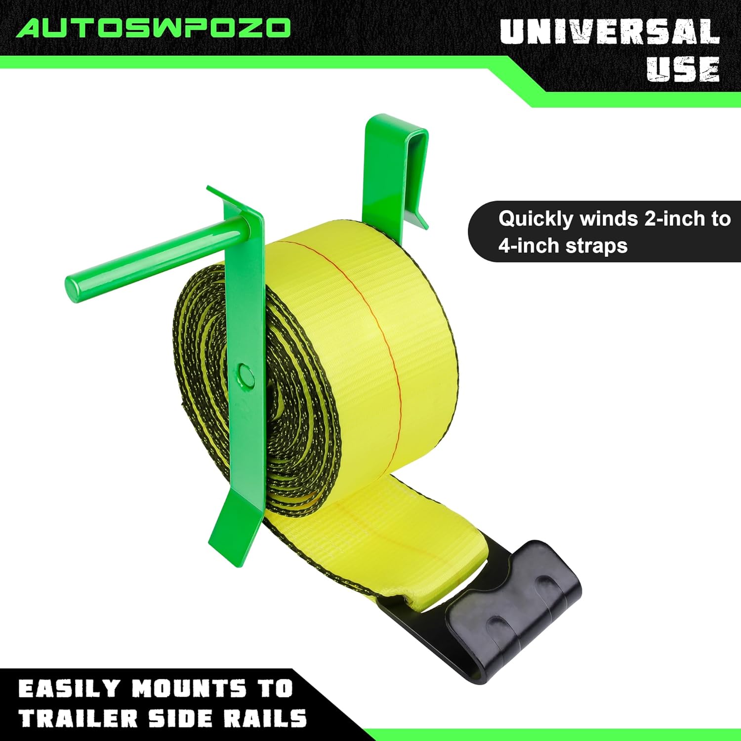 2 Pack Winch Strap Winder, Easy Speedy Hand Roller Strap Winder, Roll-up Flatbed Trailer Winch Straps up to 4" Wide, Strap Winder for Trucks, Trailers, Vans, Warehouses (Green)