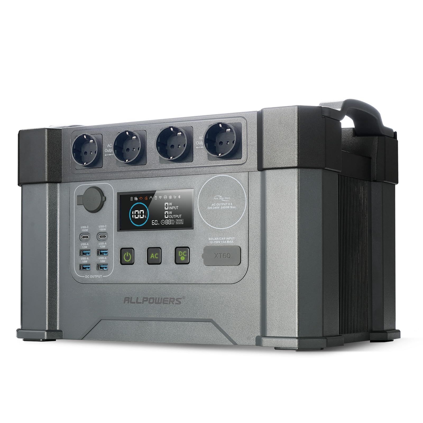 ALLPOWERS 2400W Estación de energía portátil S2000 Pro batería portátil LiFePo4 de 1451Wh generador solar de salida de CA 4x2400W con MPPT y SAI＜15ms