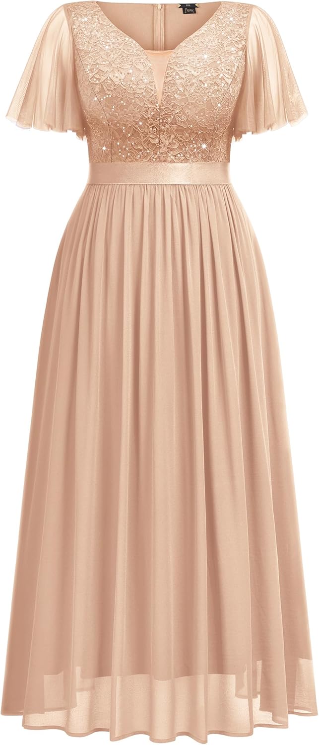 MISSMAY Women's Plus Size Sequin Lace V Neck Formal Wedding Guest Chiffon Maxi Dress - Image 5