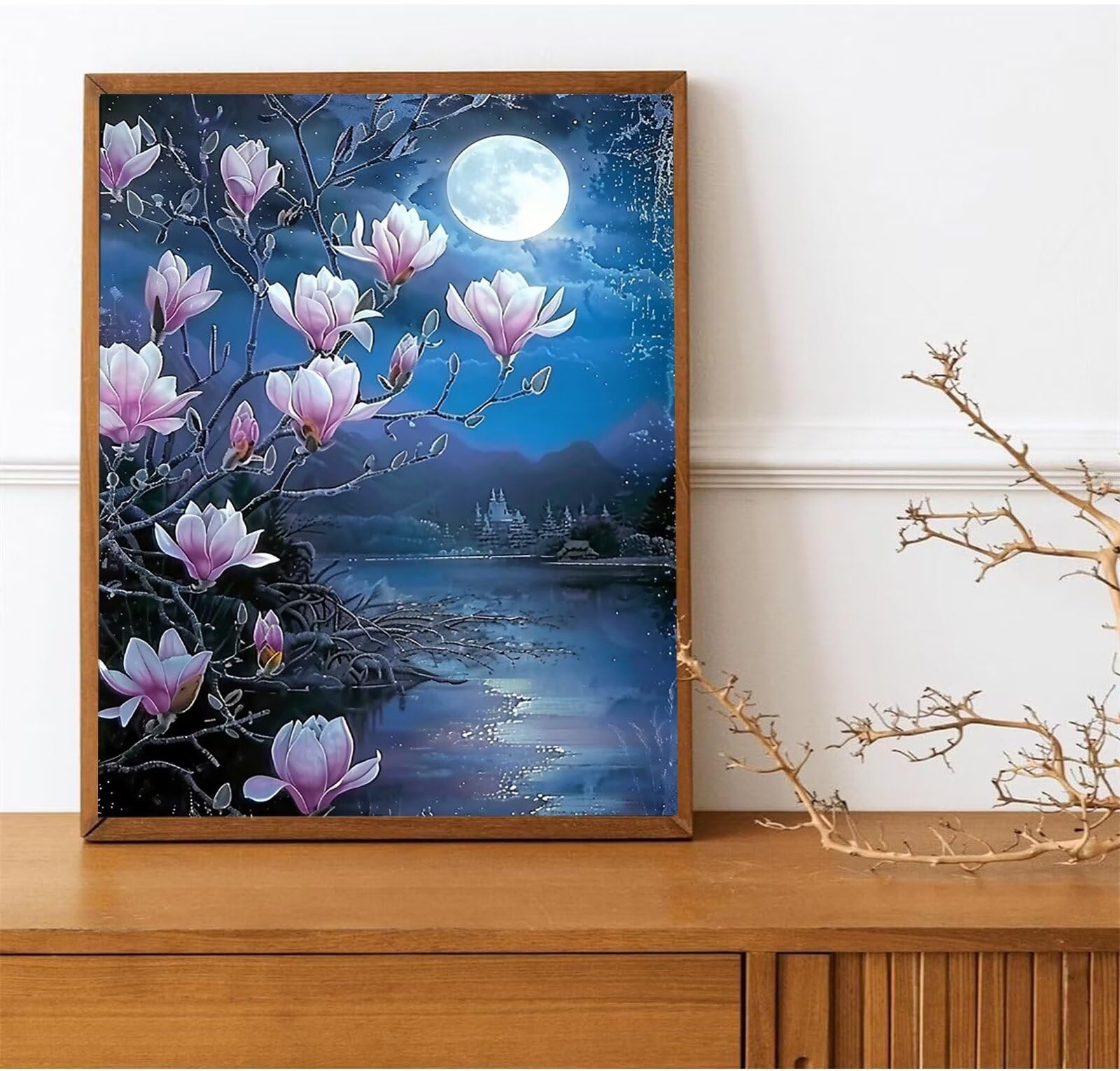 Blume-Malen nach Zahlen für Erwachsene, DIY digitales Ölgemälde-Set auf Leinwand mit Pinseln und Acrylpigment, Magnolie Street Artwork für Heimdekoration 60x80cm (mit Rahmen)