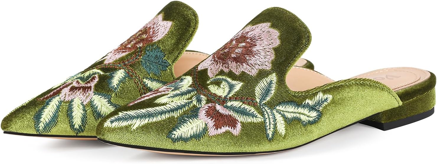 Women's Velvet Backless Pointed Toe Loafers - Embroidered Slip On Mule Slippers Flats, Comfortable Embellished Flat Shoes for Daily & Casual Wear
