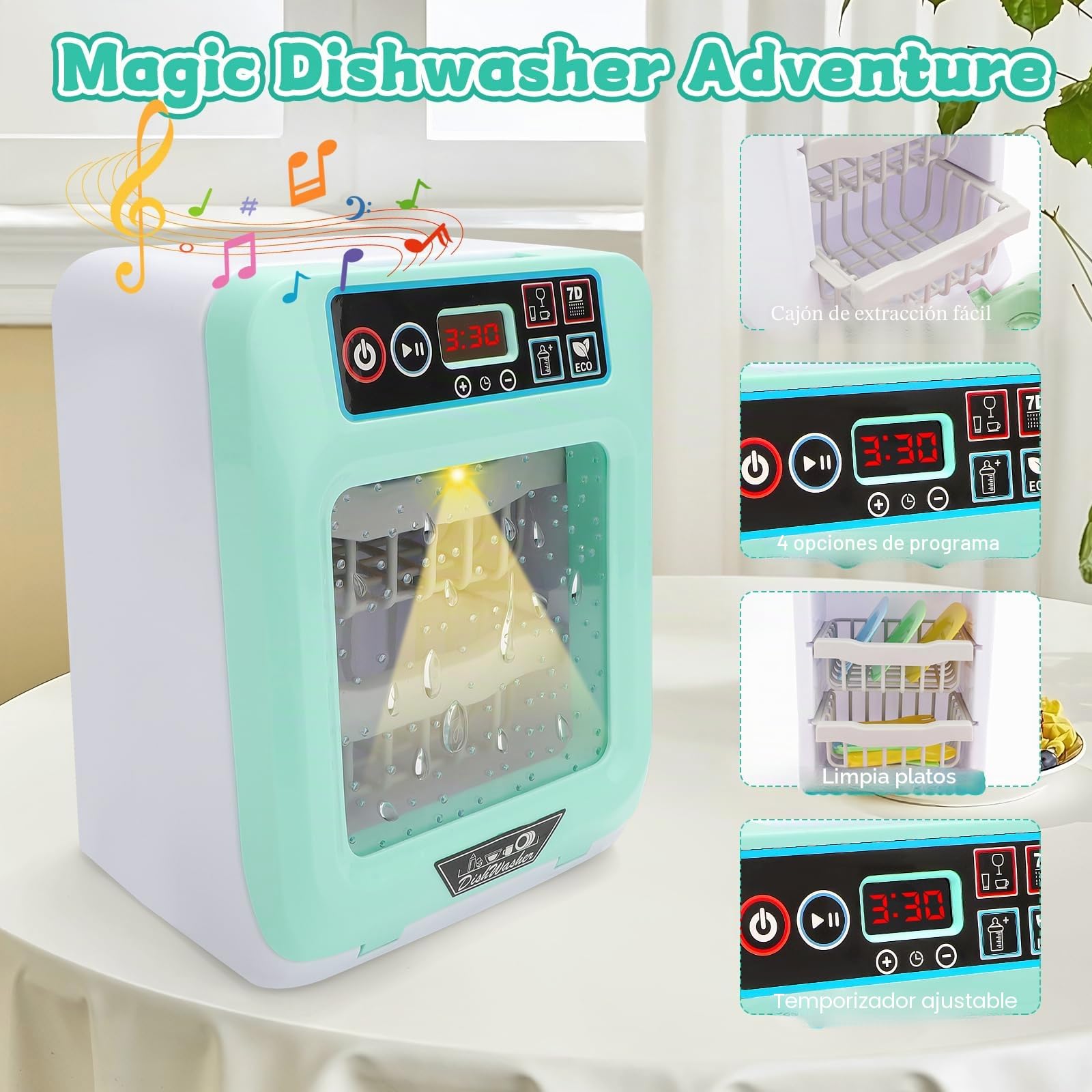 deAO Juego de Cocina para niños, Juego de lavavajillas con Variedad de Accesorios y Funciones realistas, Luces y Sonido incluidos, Juguete de simulación para niños y niñas pequeños