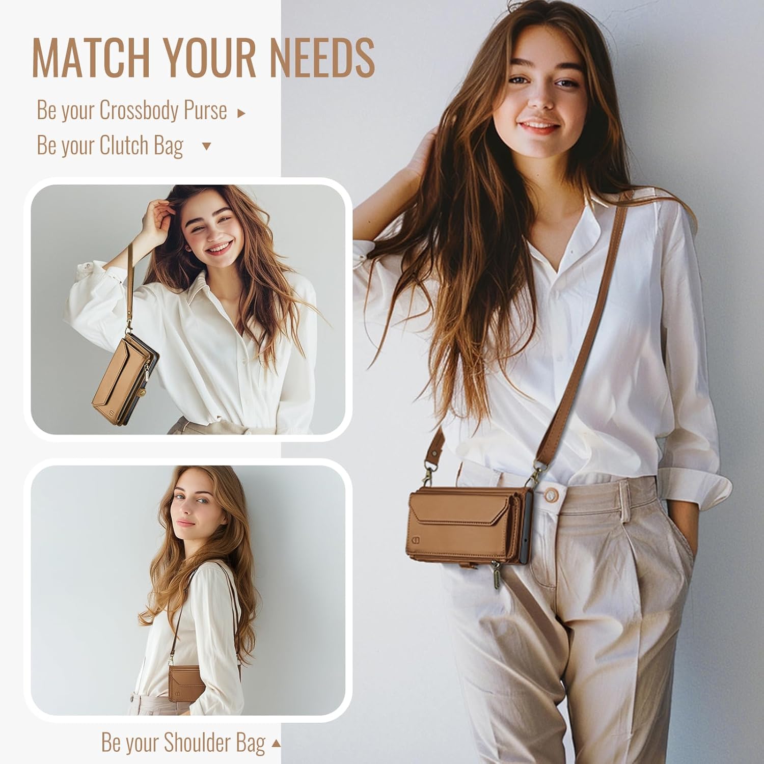 Crossbody Wallet Case Compatible with iPhone 8 Plus / 7 Plus RFID Blocking 10-Card Holder Soft PU Leather Magnetic Closure Shoulder Strap Zipper Pocket Phone Case for Women 5.5" - Brown - Image 4