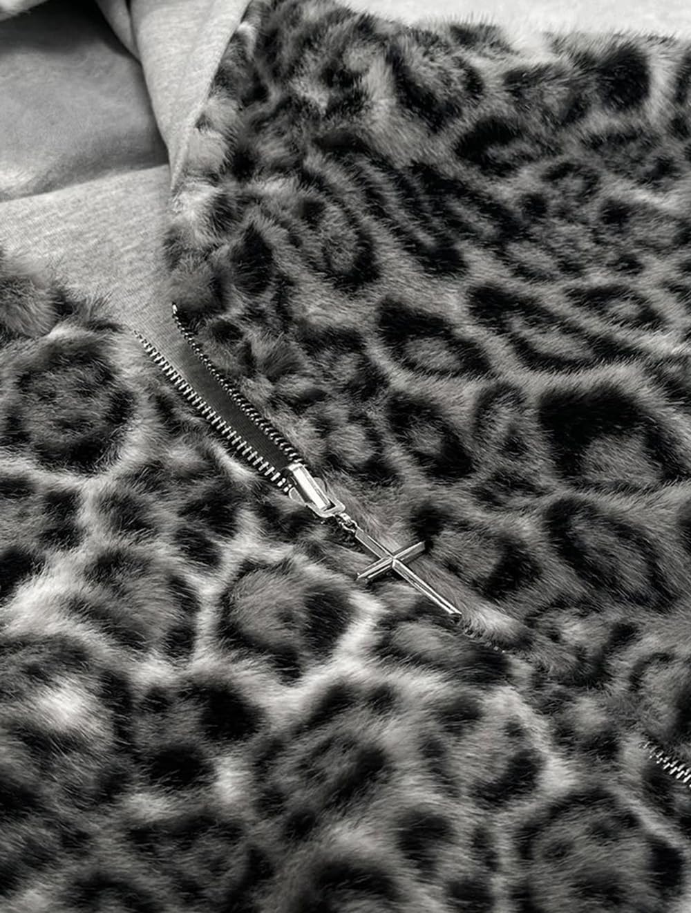 Y2K Womens Faux Fur Leopard Print Hoodies Zip Up Fleece Warm Jacket Fluffy Baggy Vintage Trendy Streetwear - Image 4