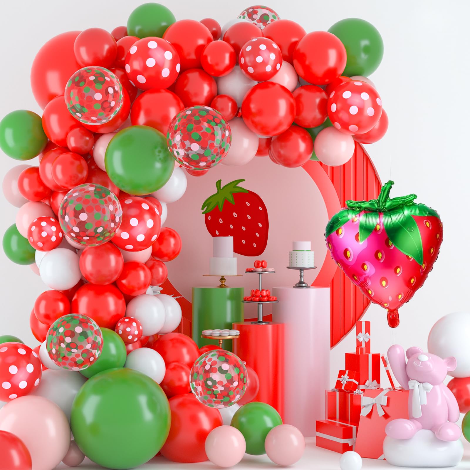 Photo 1 of 116Pcs Strawberry Balloon Arch 18inch Strawberry Foil Balloons Red Green Pink Polka Dot Balloons for Berry First Birthday Decor Strawberry Party Decorations