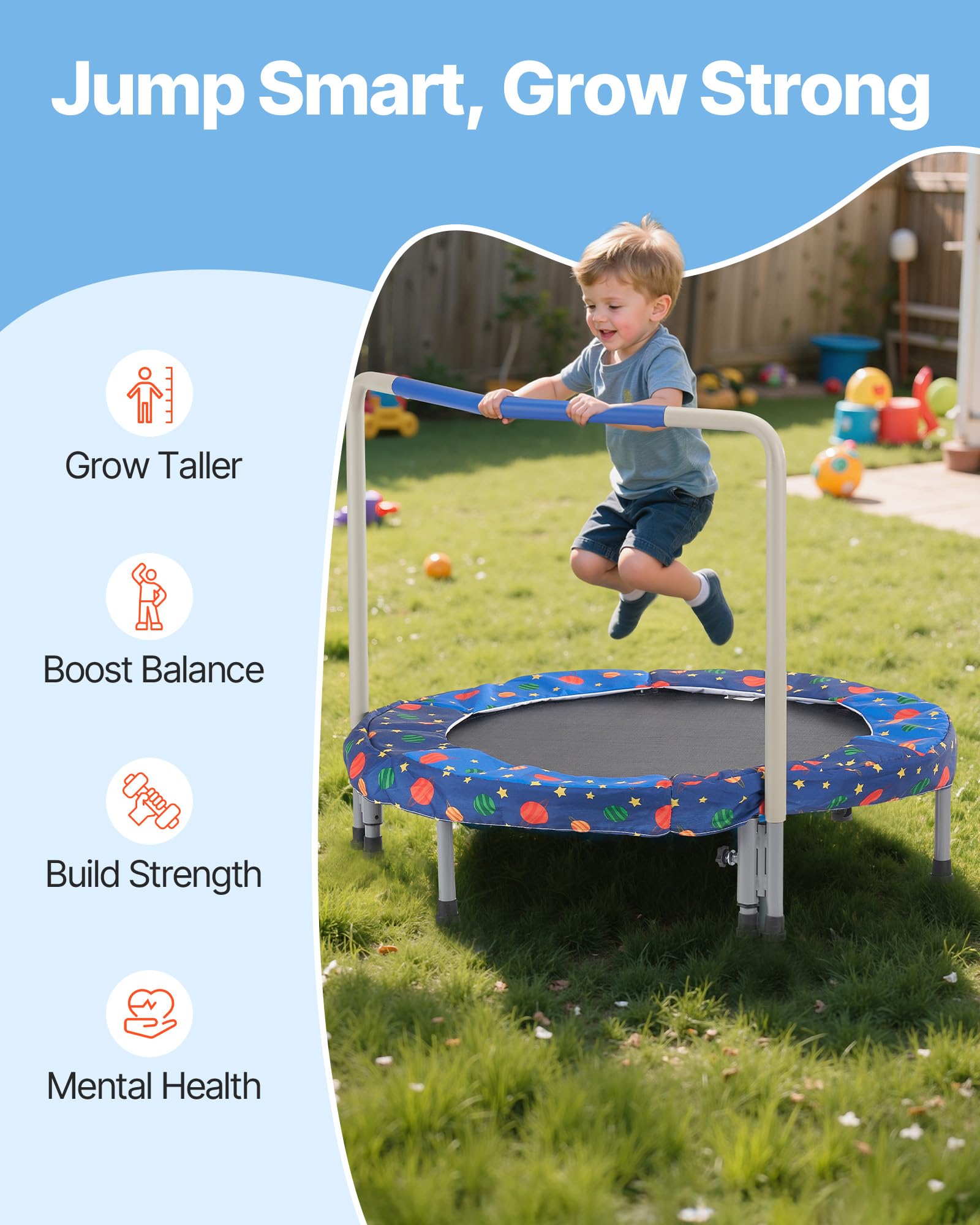 VEVOR Trampolino per bambini da 91,4 cm, 0,9 m, per interni ed esterni, mini trampolino pieghevole con manico, rimbalzo, regalo di compleanno per bambini dai 3 anni in su, ragazzi e ragazze per