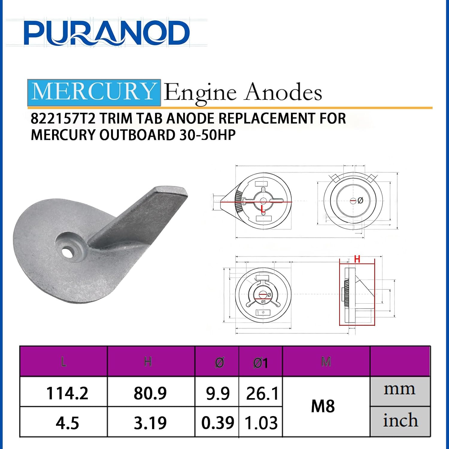 822157T2 Trim Tab Zinc Anode Replacement for Mercury Outboard 30-50HP
