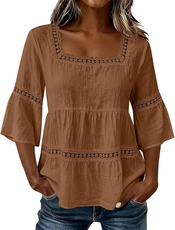 Women's Cotton Linen Square Neck Boho Blouses 3/4 Bell Sleeve Lace Tops | Belly hiding tiered peplum flatters curvy figures, soft lace boho chic style, breathable fabric for summer daily vacation