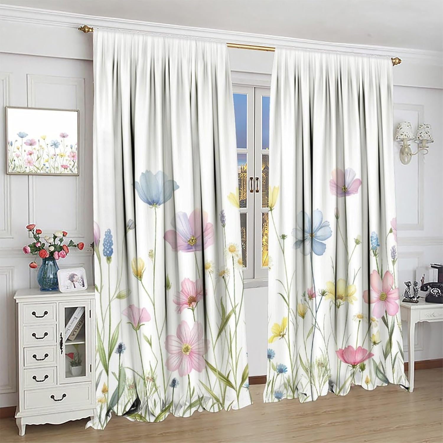 Retro Rustic Wildflower Blackout Curtains for Bedroom, Grommet Drapes Thermal Insulated Room Darkening Meadow Floral Leaf Field Curtains, 21W x 45L, 2 Panels