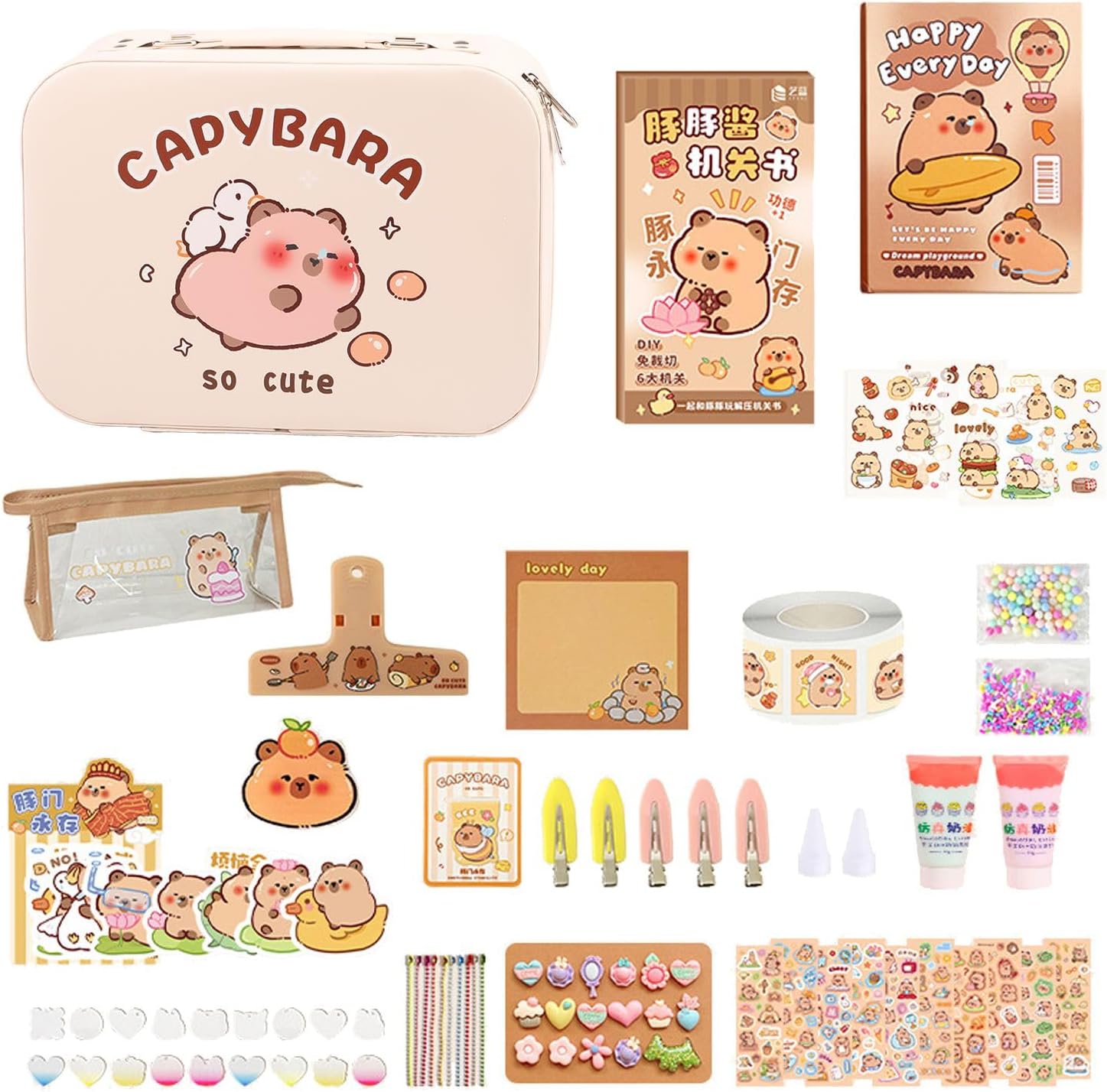 Capybara Stationery Set 308 PCS, Cute Capybara Stickers, Reusable Stickers, Notebook, Gel Pens & Pencil Case, Aesthetic Desk Supplies Gift for Home, Office & Daily Use