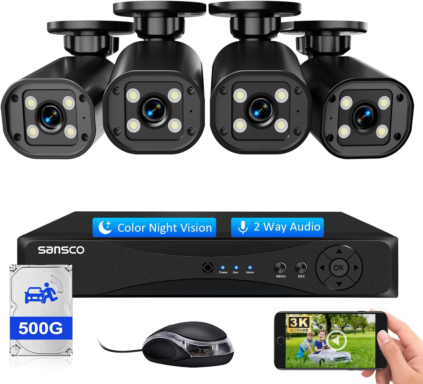SANSCO 2-Way Audio, 3K Color Night Vision, 4CH DVR Wired CCTV Camera System with 500GB Hard Drive 24/7 Recording, 4 x 5MP Home Security Bullet Camera Outdoor, Face/Human/Vehicle Detection, APP Alert