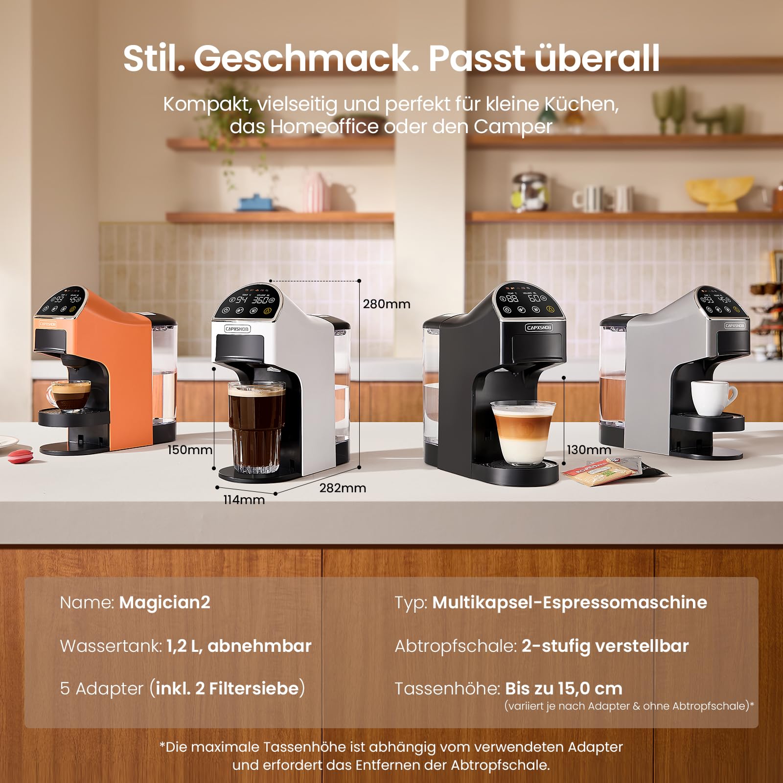 Magician2 5 in 1 Kapselmaschine für Nespresso, Dolce Gusto, Lavazza A Modo Mio, ESE 44 Pads, 20 Bars, 1400W, 1,2 L, LED-Display, Espressomaschine