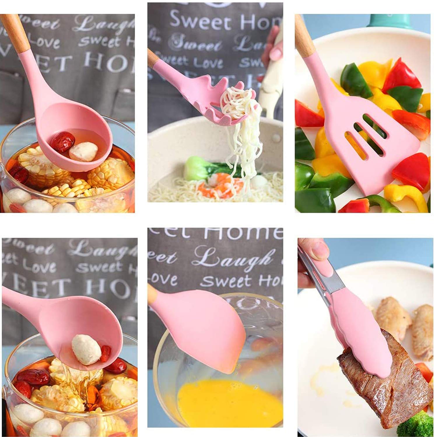 VIVAYO Set Di Utensili Da Cucina In Silicone 12 Pezzi Con Manici In Legno E Supporto, Rosa, Resistenti Al Calore 230°C