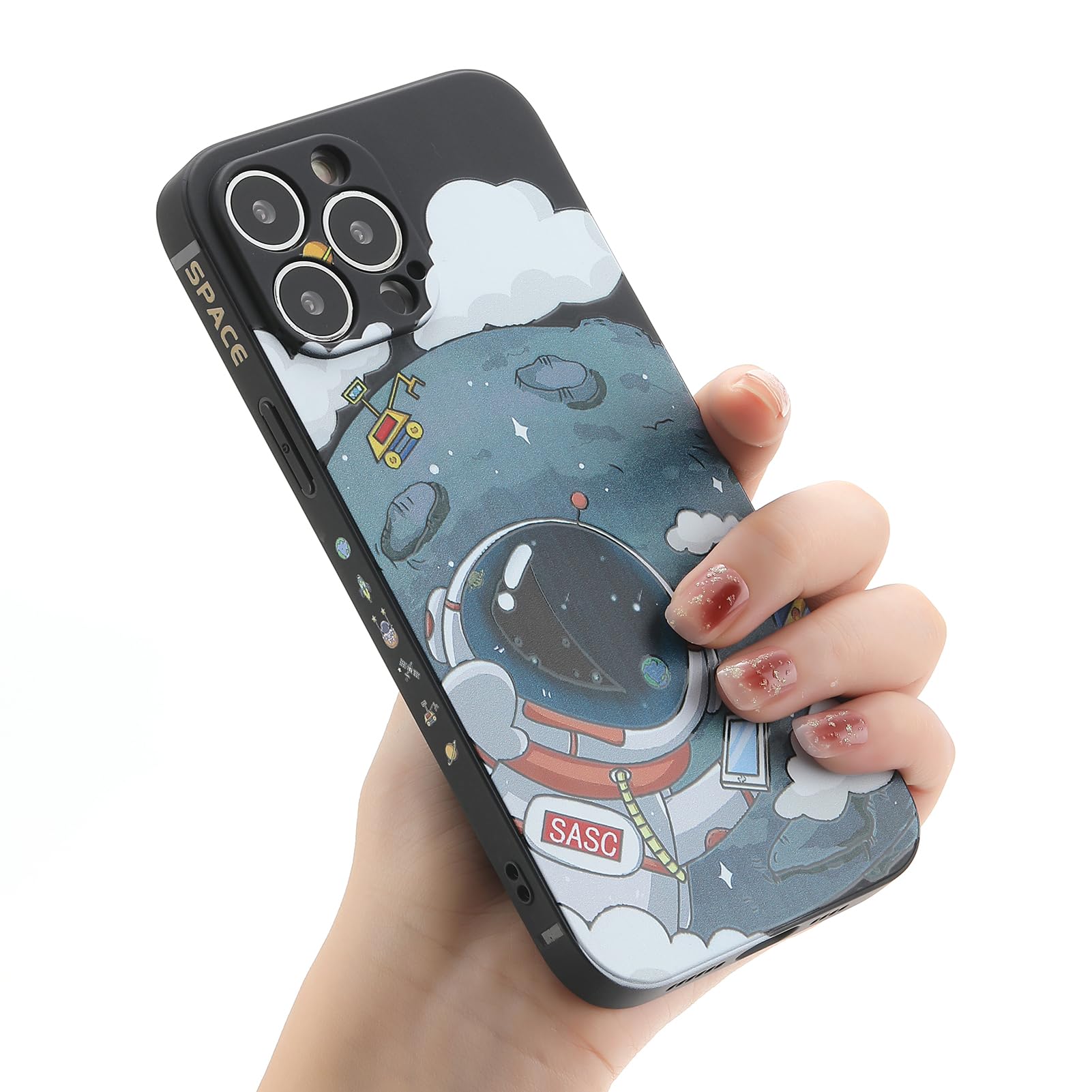 Yonds Queen Funda bonita para iPhone 15 Pro, diseño de astronauta de dibujos animados planeta luna espacio elegante y suave TPU a prueba de golpes funda de moda (luna negra, iPhone 15 Pro)