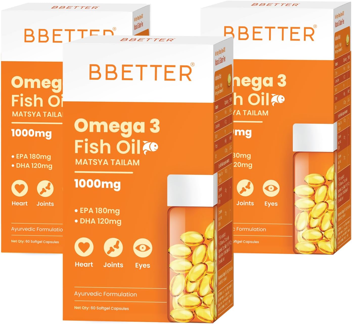 BBETTER Omega 3 Fish Oil Capsules 1000mg | Lab Tested Fish Oil Capsules | Lab Report Attached | High Absorption for Heart, Joints, Eyes & Brain | No Fishy Burps |180 EPA :120 DHA | 180 Softgels