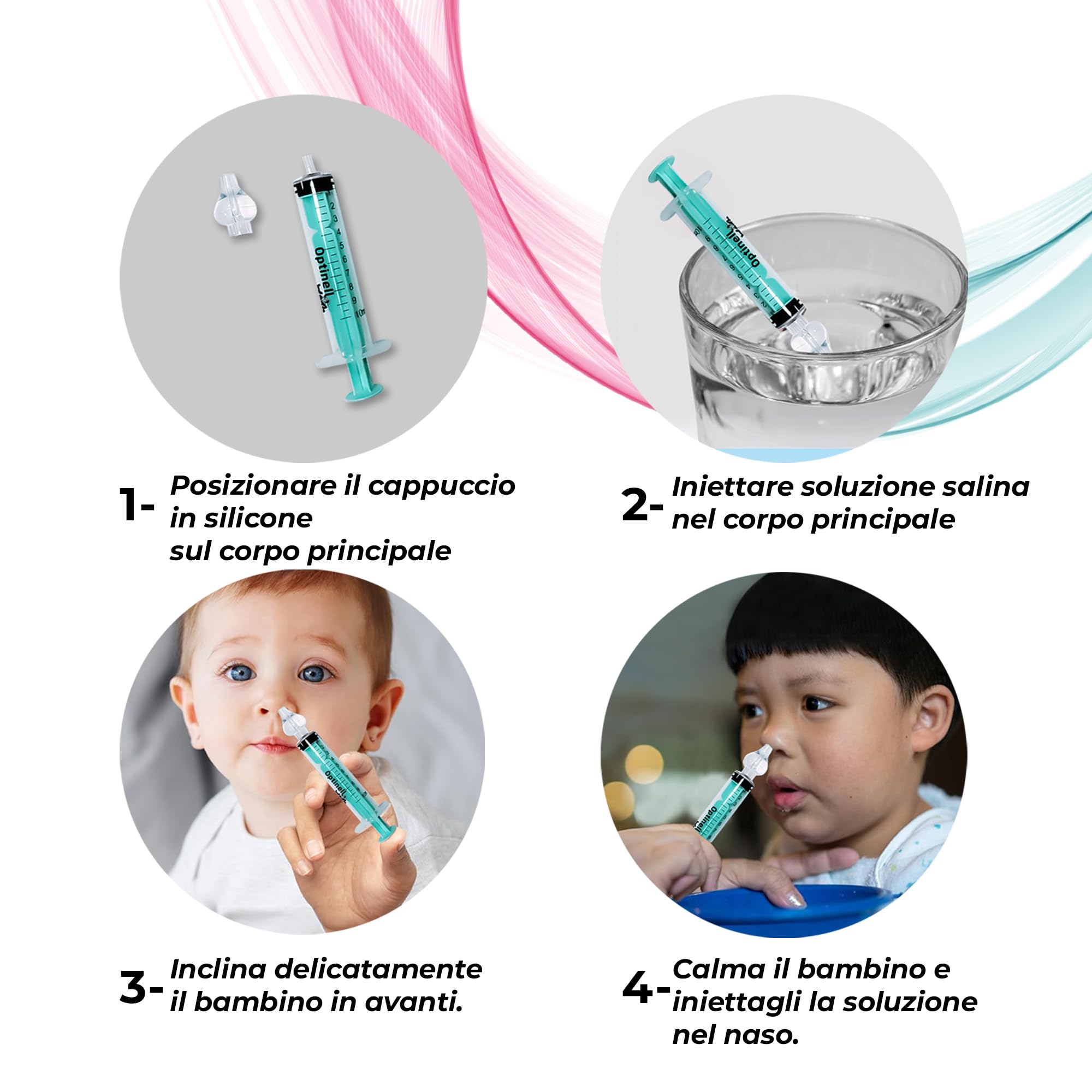 Optinell Wash – Siringa per Lavaggi Nasali Bambini 10ml con Beccuccio in Silicone Morbido | Kit Lavaggio Nasale per Neonato e Bambino | Senza BPA, Riutilizzabile, Igienico (2 Pezzi)