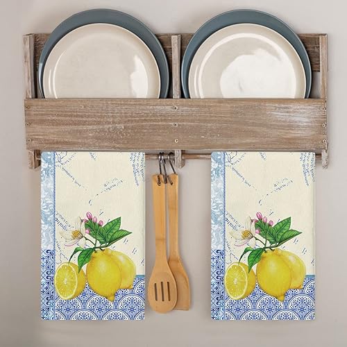 Miniatura 2 de Lemon - Juego de 2 paños de cocina de flores, paños de mano para la punta de los dedos, paño de cocina retro de algodón suave de porcelana azul