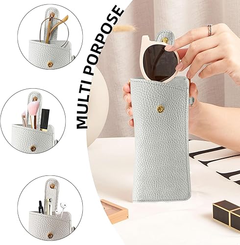 Miniatura 2 de Estuches suaves para gafas, bolsa portátil para lentes con clip de botón, correa de muñeca, fundas de cuero para gafas de viaje (gris claro)