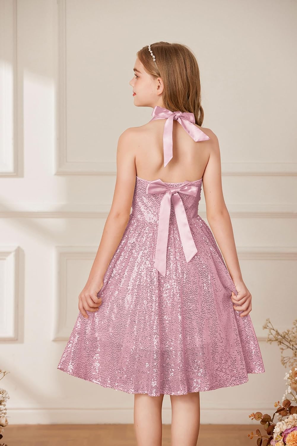 GRACE KARIN Girls Sequin Dress Halter Tie Back Tween Party Fancy Gown 7-14 image 3