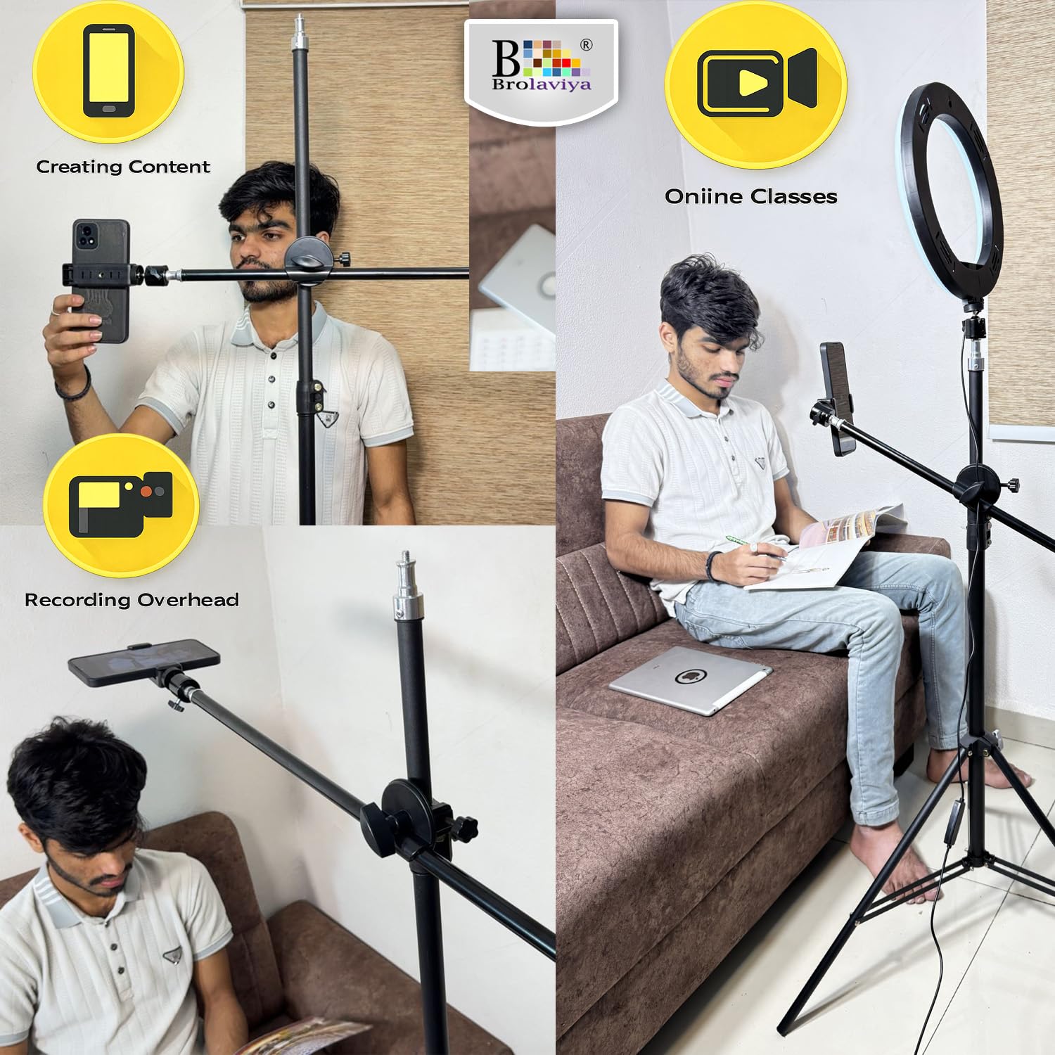 Brolaviya 360-Degree Tripod with Middle Telescopic Crossbar Long arm Stick, 190cm top Height, for Photography & Videography, Ideal for Live Streaming, Overhead Tripod Stand with Mobile Bracket — Amazon image 7
