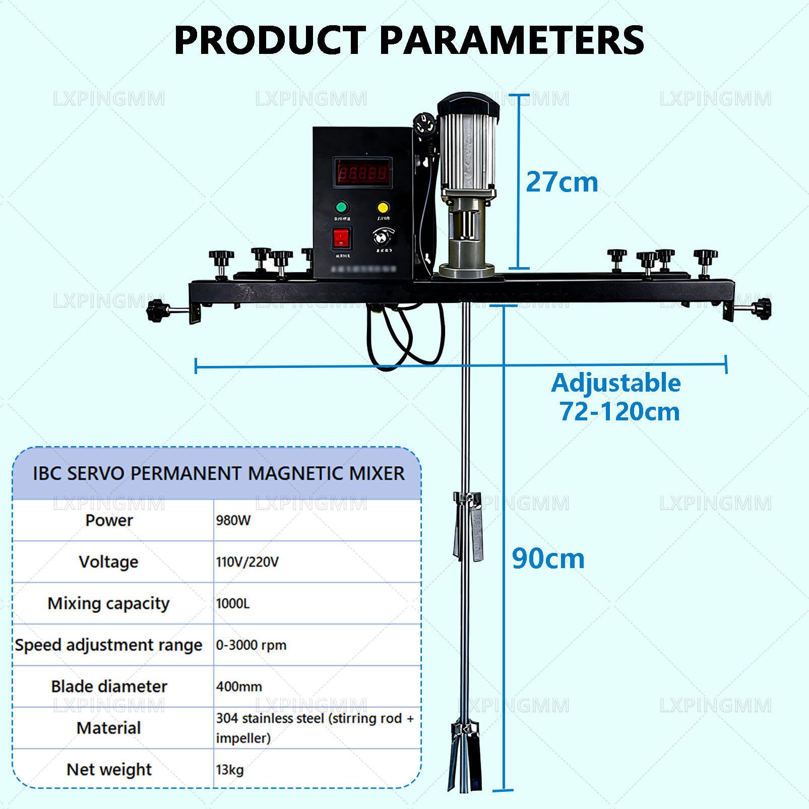 Mezclador de mano eléctrico IBC de 980 W, agitador de tanque de 1000 L, máquina agitadora de pintura comercial con soporte ajustable, velocidad de 0-3000 RPM y protección contra sobrecarga