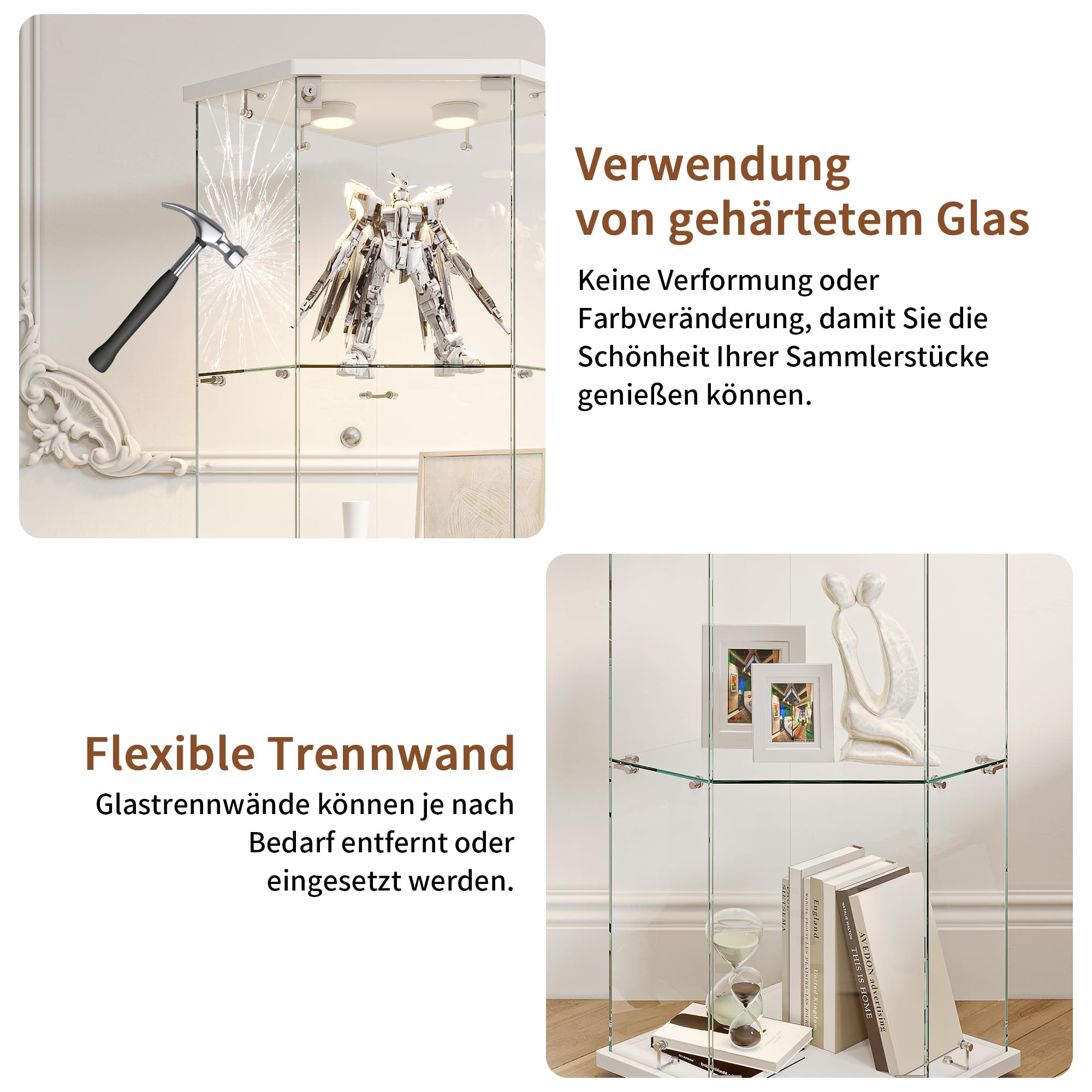 Vitrina de Esquina con Cristal, Vitrina de Cristal con LED, 1 Puertas, Vitrinas Blancas Cristal4 Capas Estanteria deCristal con Cerradura Columna Expositora VidrioVitrina Expositora Para Salon