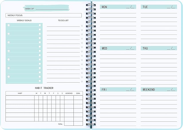 To Do List Notebook - Undated Weekly Planner Dairy A5 Spiral Productivity Checklist Organizer 52 Tear Off Pages with Habit Tracker BLUE