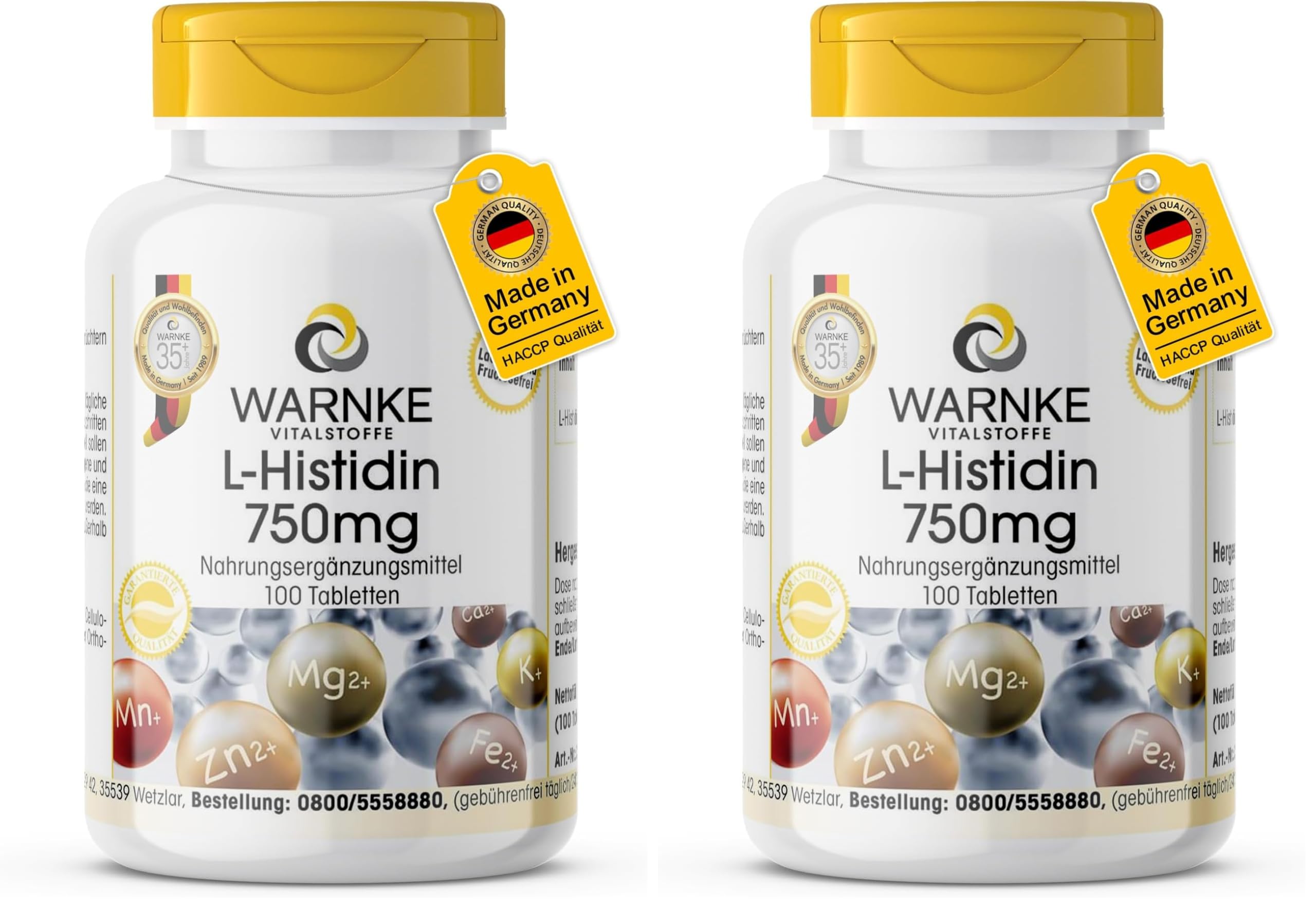 L-Histidin 750mg - hochdosiert & vegan - Aminosäure - 100 Tabletten | Warnke Vitalstoffe - Deutsche Apothekenqualität (Packung mit 2)