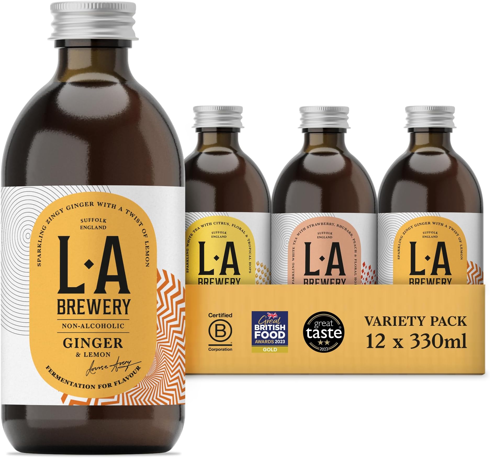 L.A Brewery | Non Alcoholic Sparkling Craft Kombucha Drink - Variety Pack - 12 x 330ml Pack | Low Sugar Non Alcoholic Drinks - Kombucha Tea - Gluten Free & Vegan Soft Drinks | Brewed in the UK