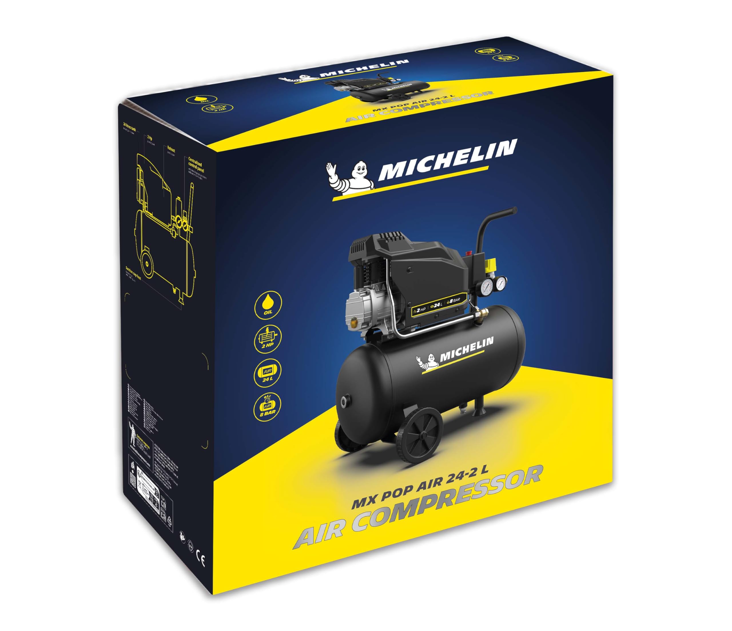 MICHELIN, Kompresor powietrza MX POP AIR 24-2 l, zbiornik 24 l z kółkami, silnik 2 KM, maksymalne ciśnienie 8 bar, przepływ powietrza 195 l/min