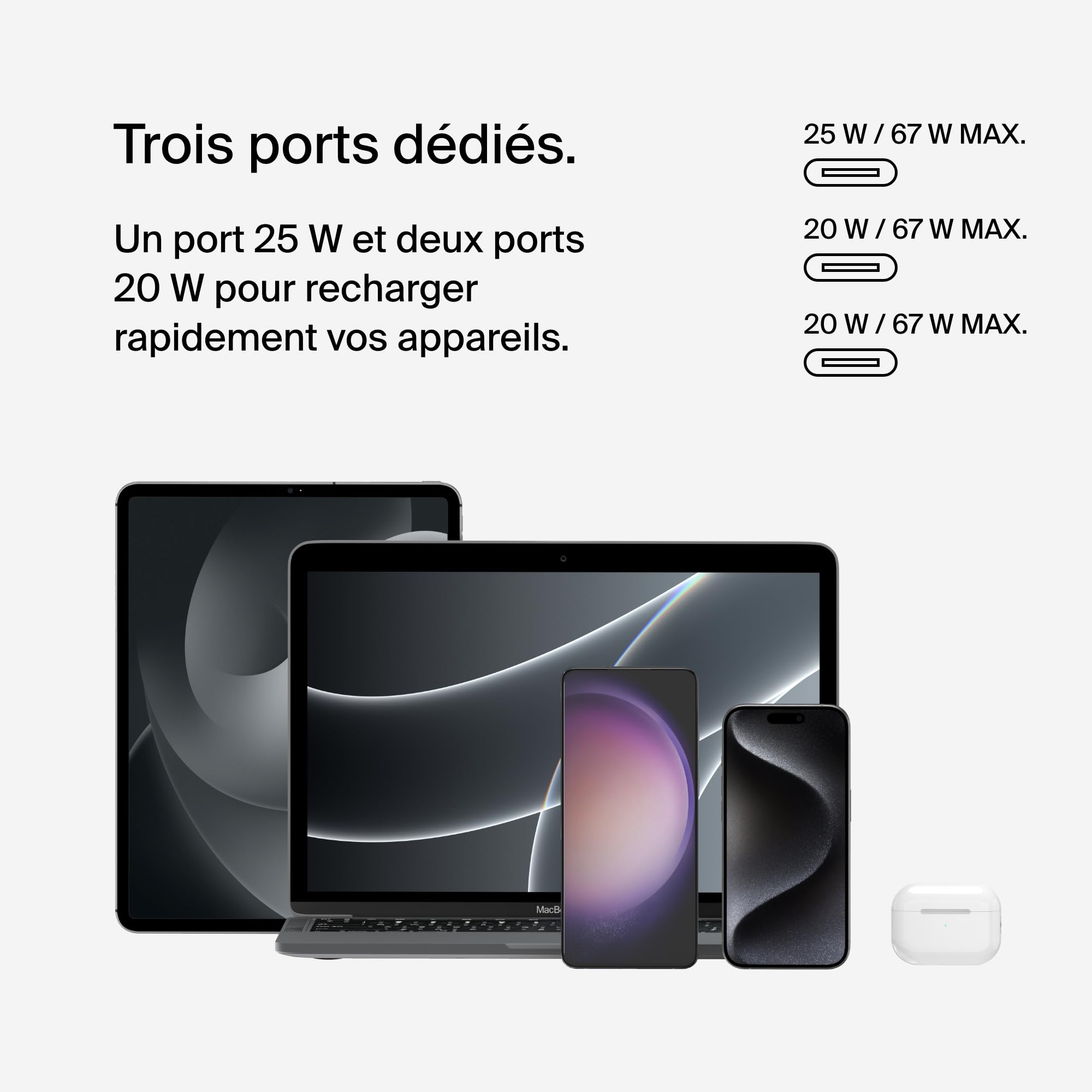 Belkin BoostCharge Chargeur Secteur 3 Ports USB-C avec PPS de 67 W (pour appareils USB-C PD 3.1 comme l’iPhone 16 (Tous modèles), MacBook Pro, AirPods, Galaxy, etc., câble USB-C vers USB-C Inclus)